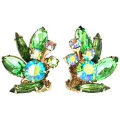 Retro 1950'S Gold & Austrian Crystal Abstract Floral Earrings
