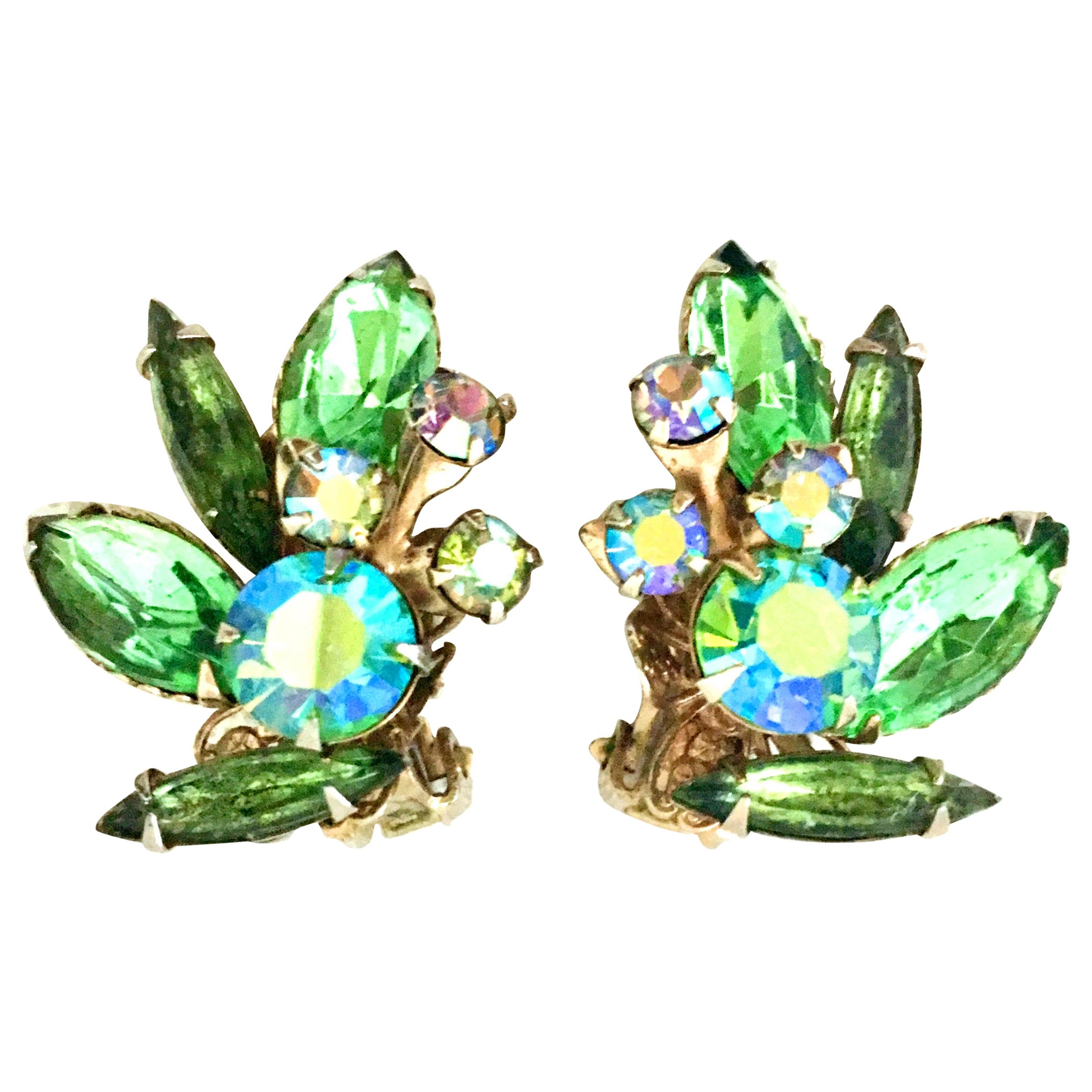 1950'S Gold & Austrian Crystal Abstract Floral Earrings For Sale