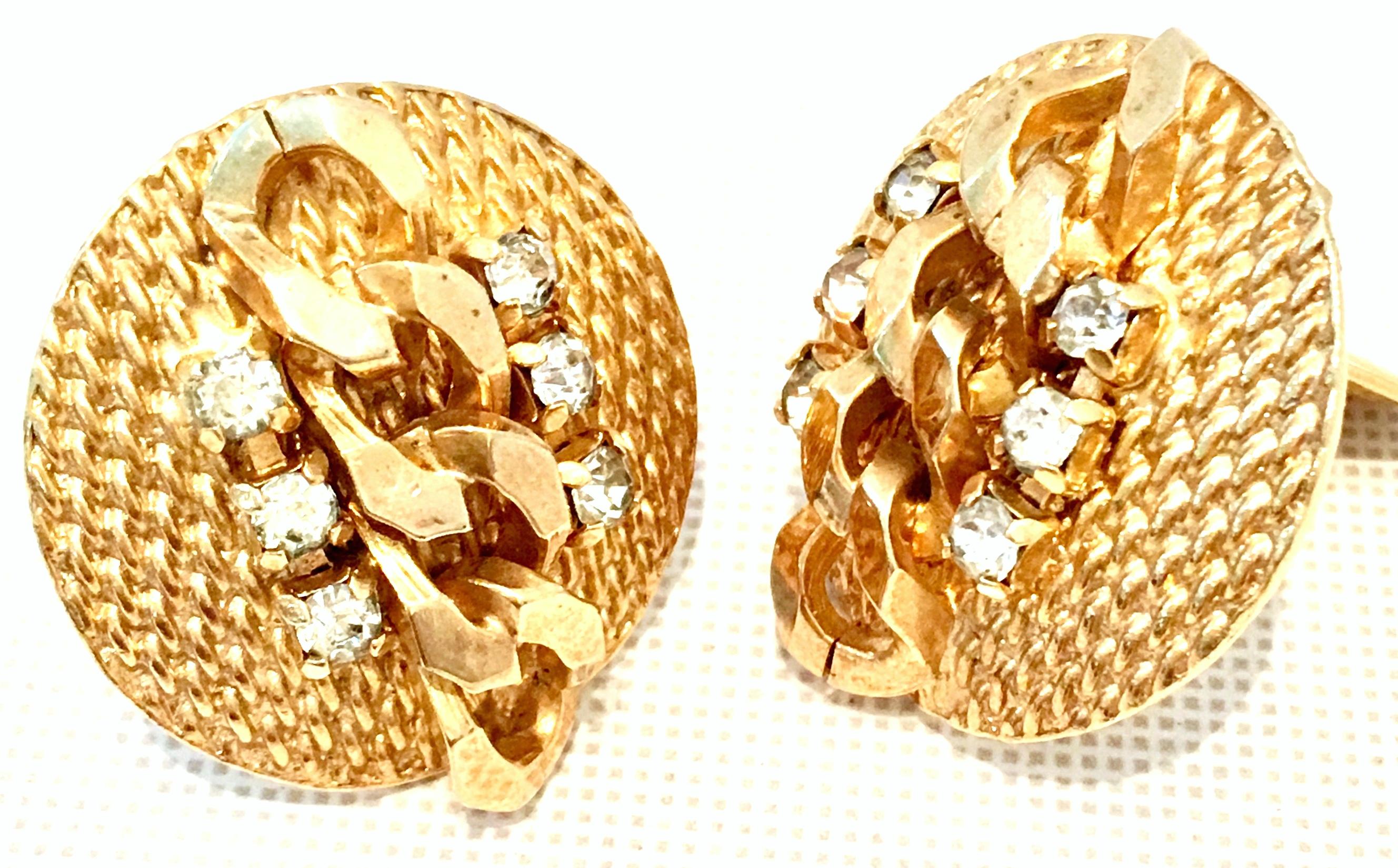 1950'S Classic & Timeless Gold Plate Textured, Braided Swarovski Crystal Earrings By, Jewels By Julio.
Singed one the underside of the clip style earrings, Jewels By Julio.