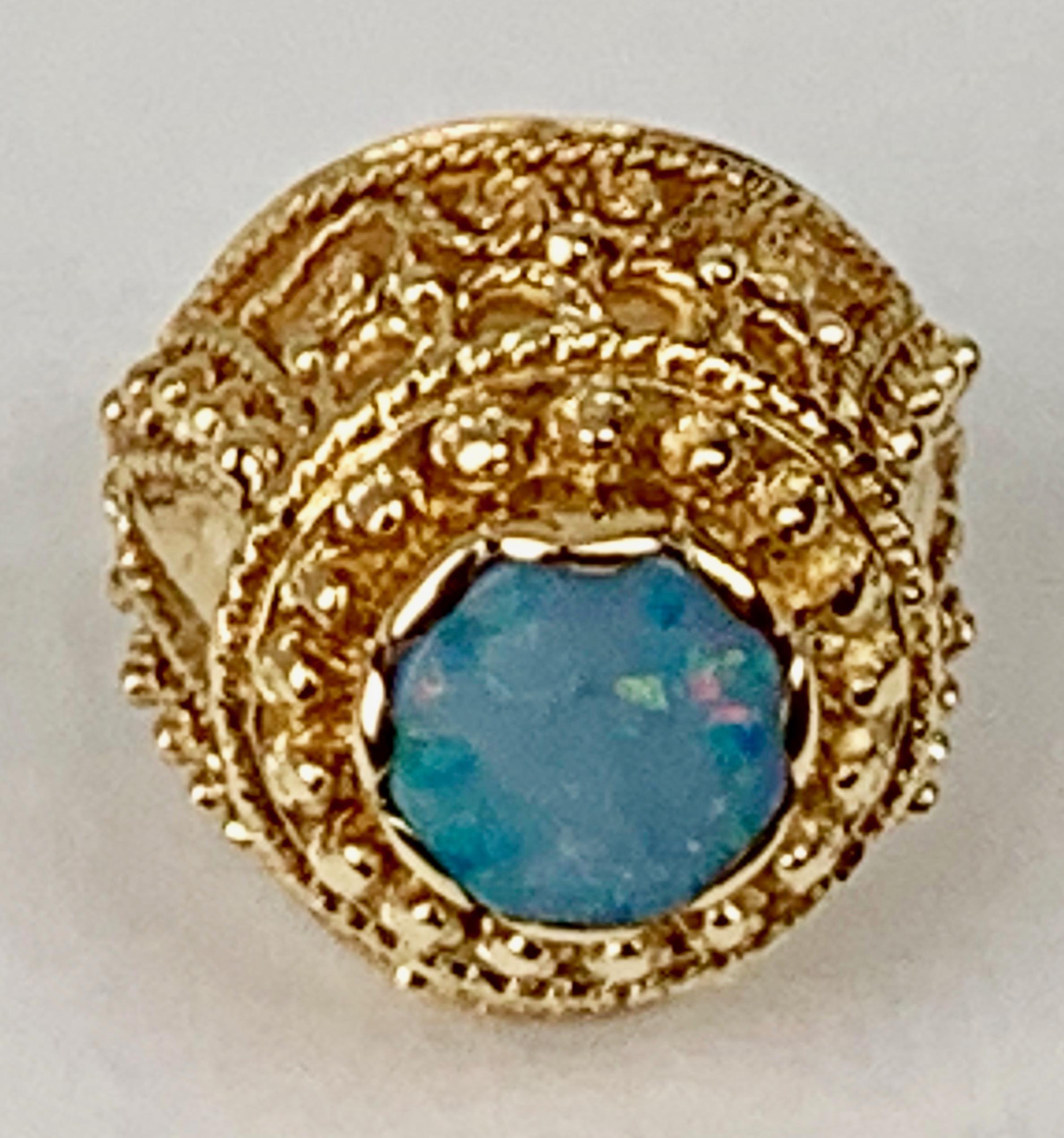 Round Cut Doublet Opal set into a Custom 14K Yellow Gold Ring 