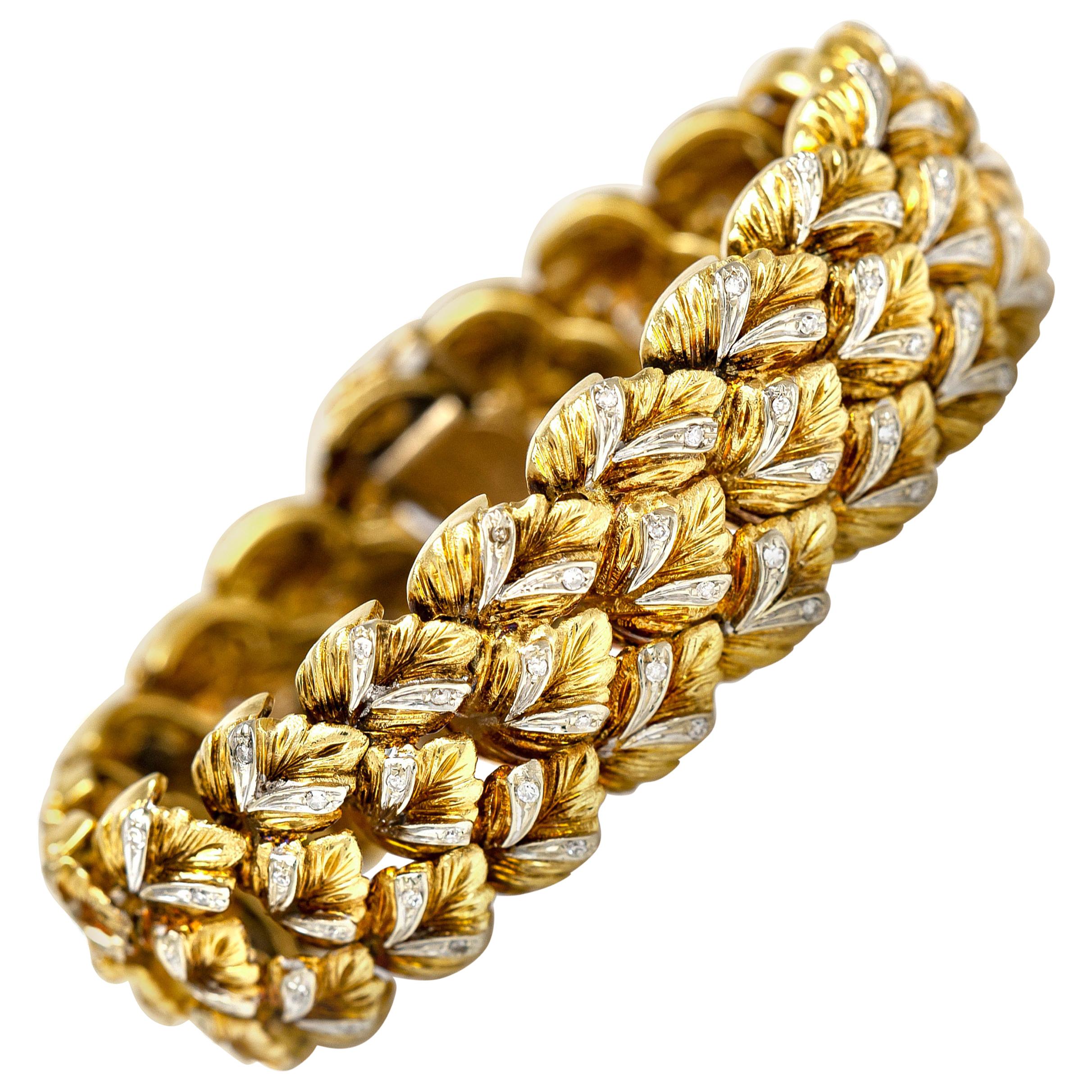 1950s French Sapphire Emerald Diamond Two textured Gold Bracelet at 1stDibs