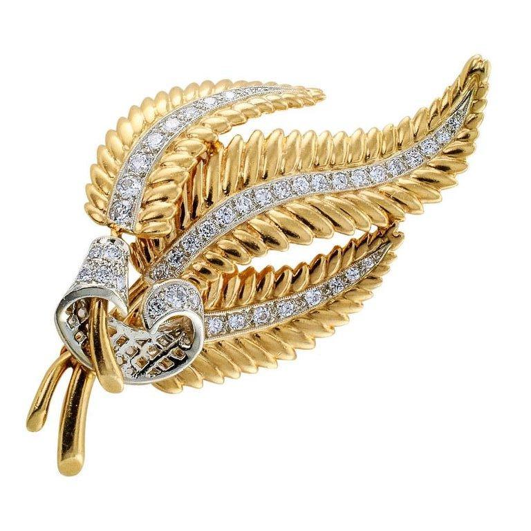 Modern 1950s Yellow Gold Diamond Fern Frond Brooch