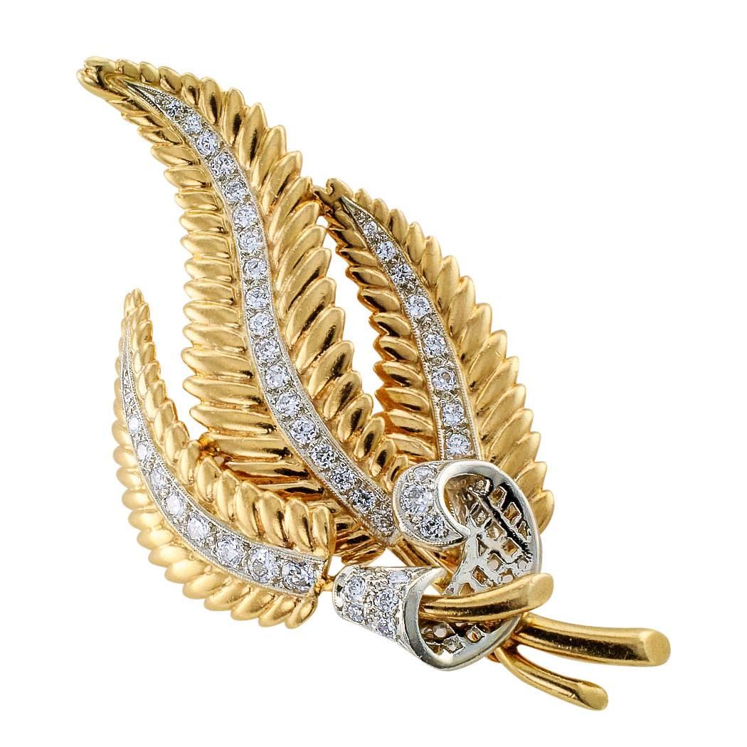 1950s Yellow Gold Diamond Fern Frond Brooch