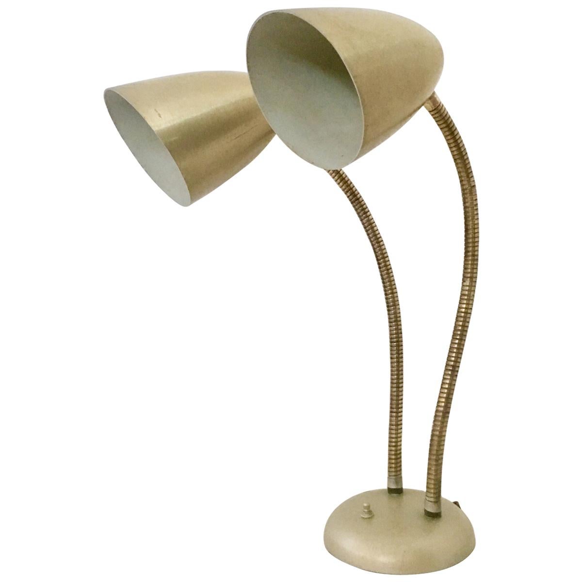 1950'S Gold Double Shade Goose Neck Table Lamp By Prescolite For Sale