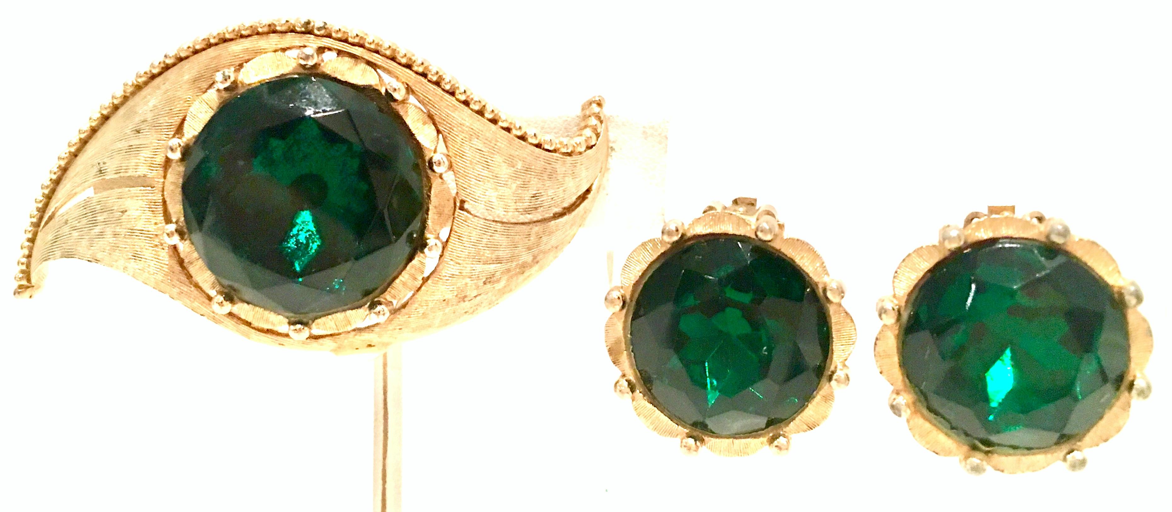 1950'S Gold Plate & Emerald Faceted Art Glass Demi Parure Set Of Three Pieces By, Charel. This finely crafted set features a large 