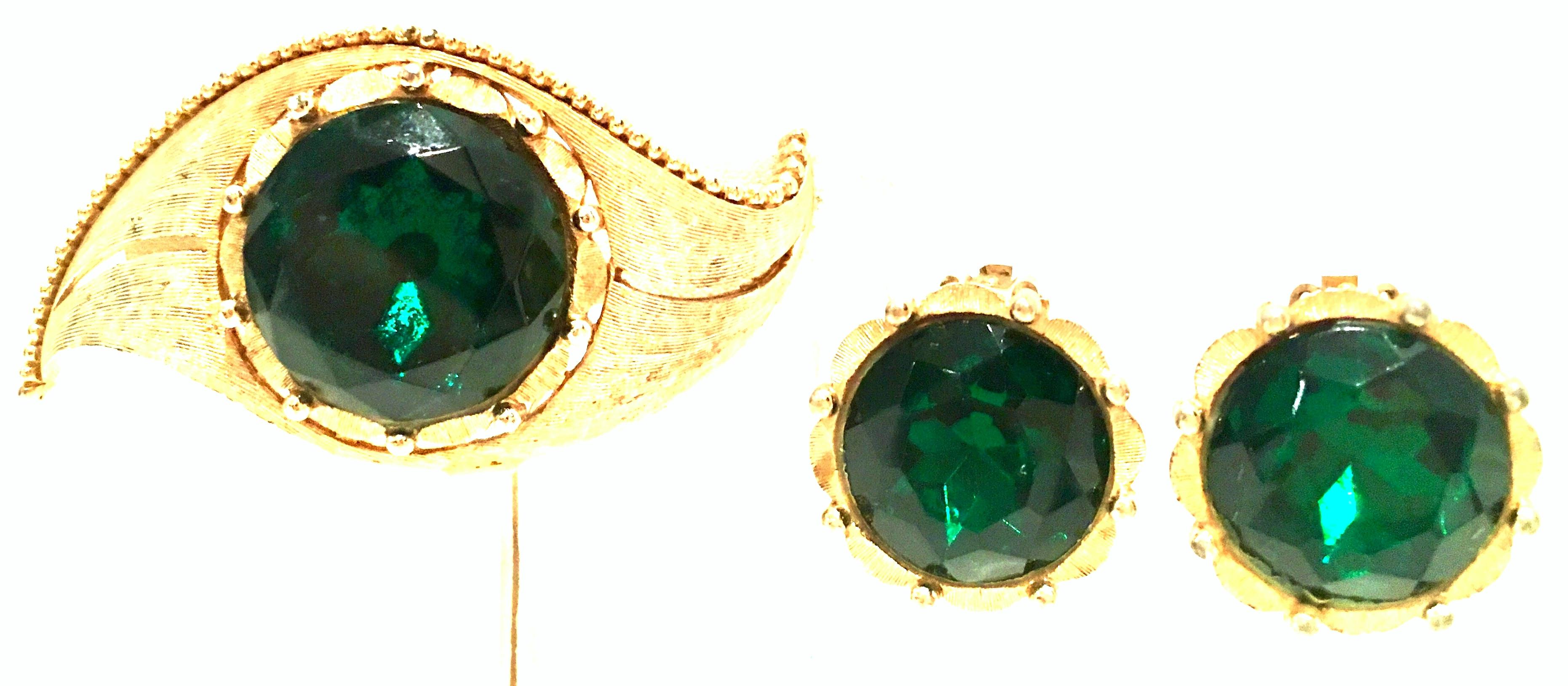 1950'S Gold Plate & Emerald Faceted Art Glass Demi Parure Set Of Three Pieces By, Charel. This finely crafted set features a large abstract 