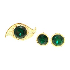 Vintage 1950'S Gold & Emerald Art Glass "Evil Eye" Demi Parure S/3 By, Charel