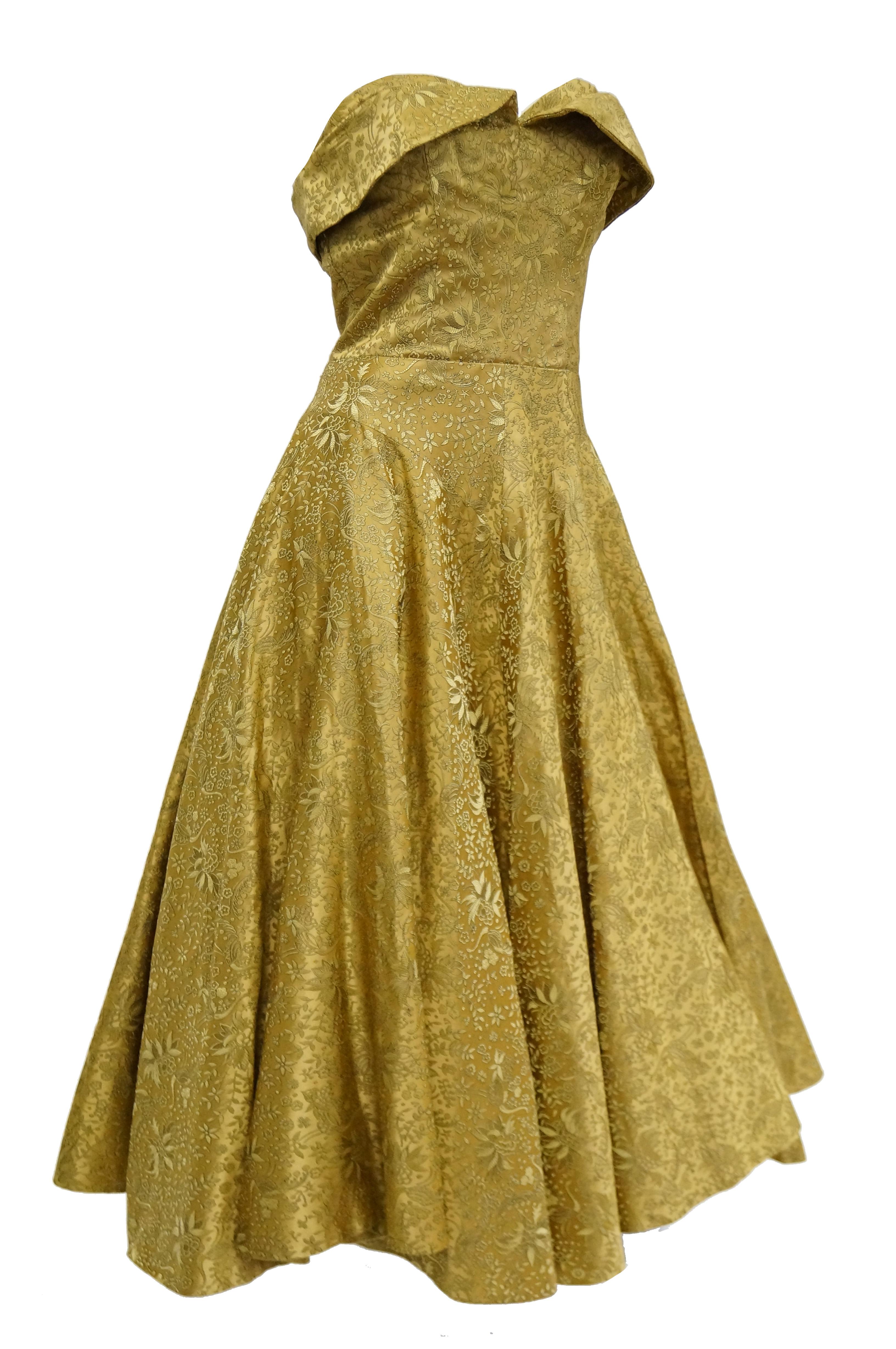 Brown 1950s Gold Floral & Peacock Brocade New Look Meets Bombshell Evening Dress 