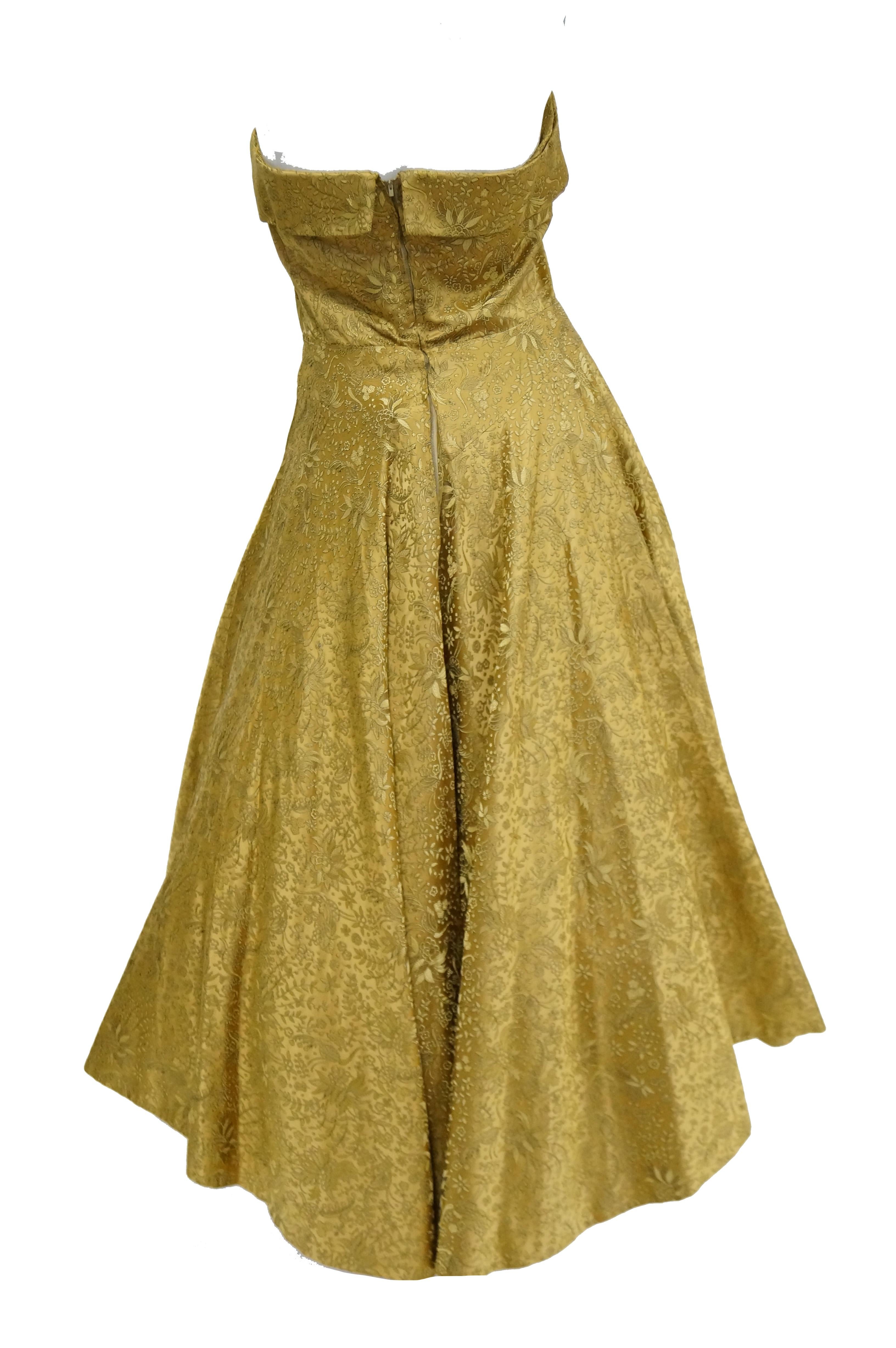 Women's 1950s Gold Floral & Peacock Brocade New Look Meets Bombshell Evening Dress 