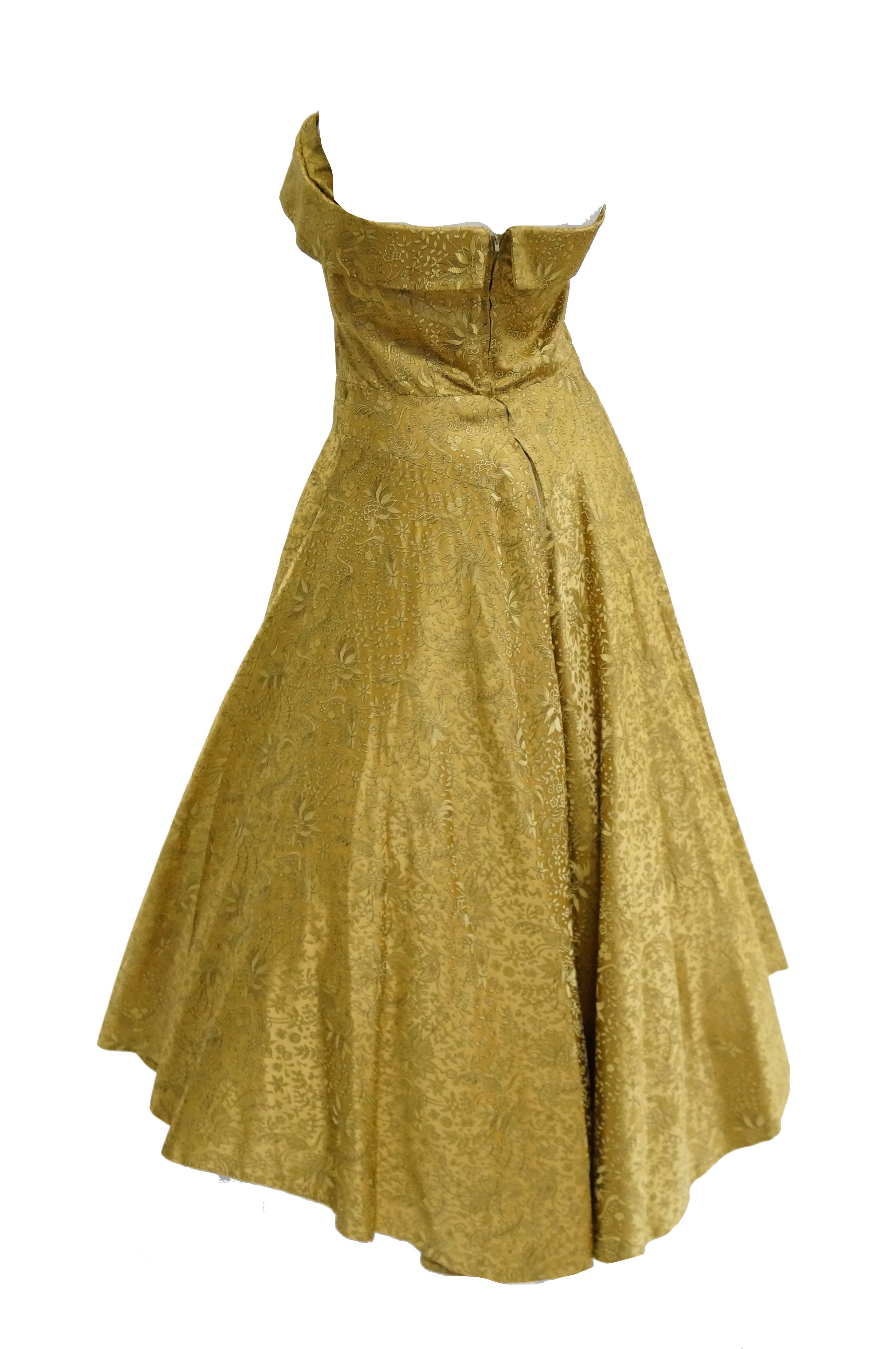 1950s Gold Floral & Peacock Brocade New Look Meets Bombshell Evening Dress  1
