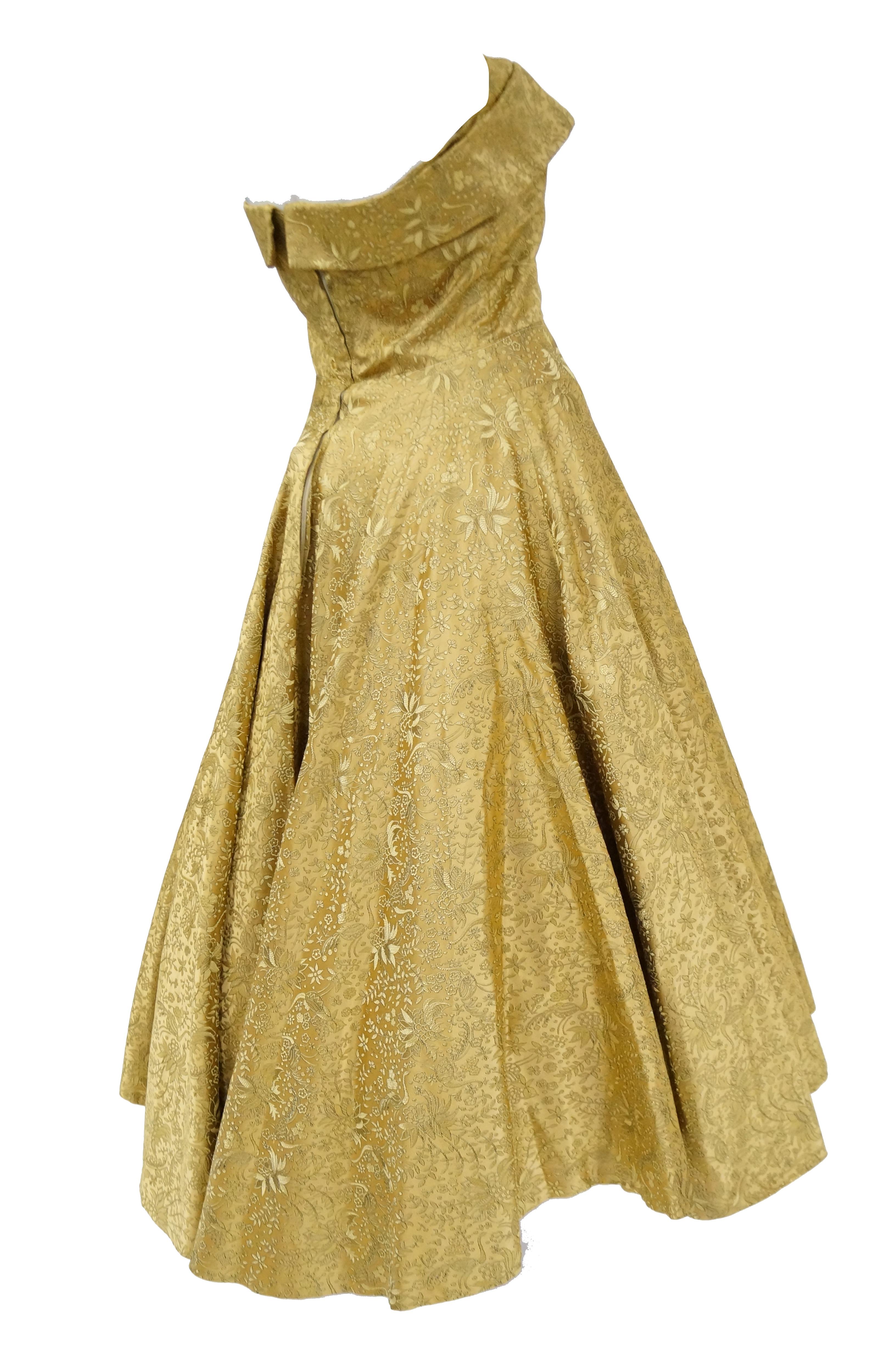 1950s Gold Floral & Peacock Brocade New Look Meets Bombshell Evening Dress  2