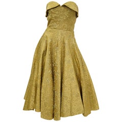 Vintage 1950s Gold Floral & Peacock Brocade New Look Meets Bombshell Evening Dress