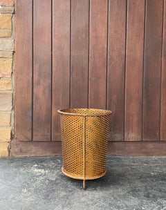 1950s Gold Gilt Lanyard Vanity Trash Can Vintage Mid-Century Perforated Braided