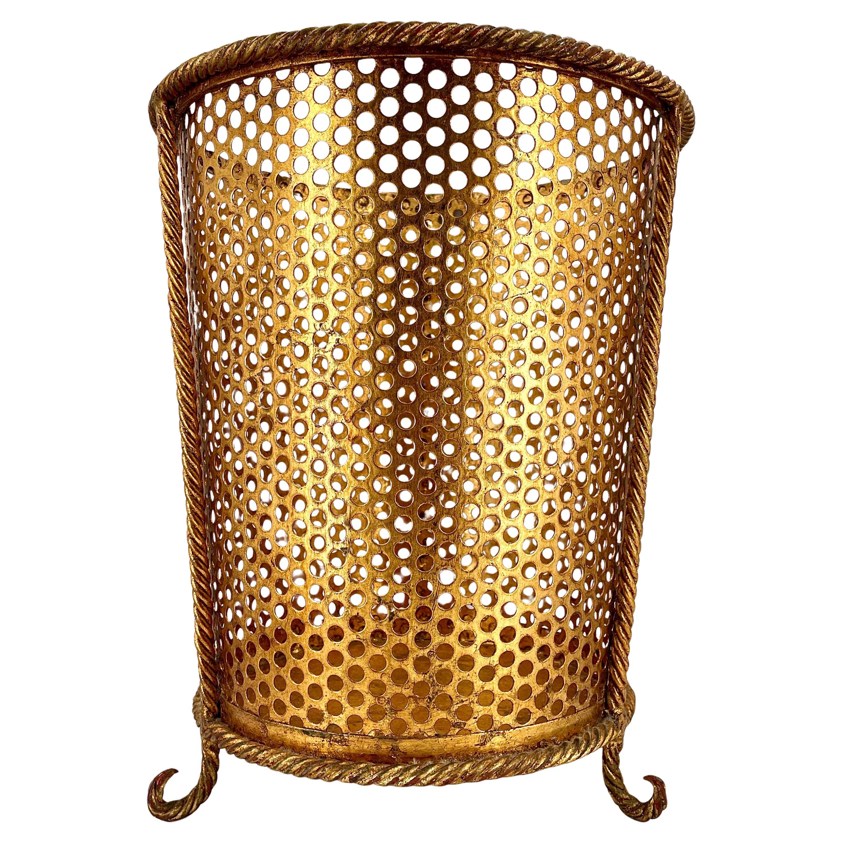 1950 Oro Dorato Cordino Cestino Vanity Vintage Mid-Century Traforato Intrecciato