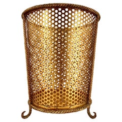 1950s Gold Gilt Lanyard Vanity Trash Can Vintage Mid-Century Perforated Braided