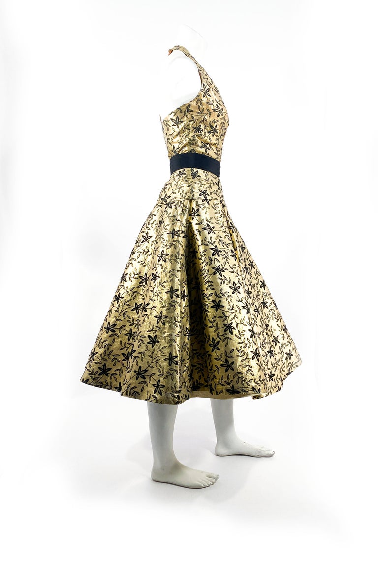 1950s Gold Lam and Black Two-Piece Cocktail Dress For Sale at 1stDibs | gold  50s dress, crenlin, zweiteiliges cocktailkleid