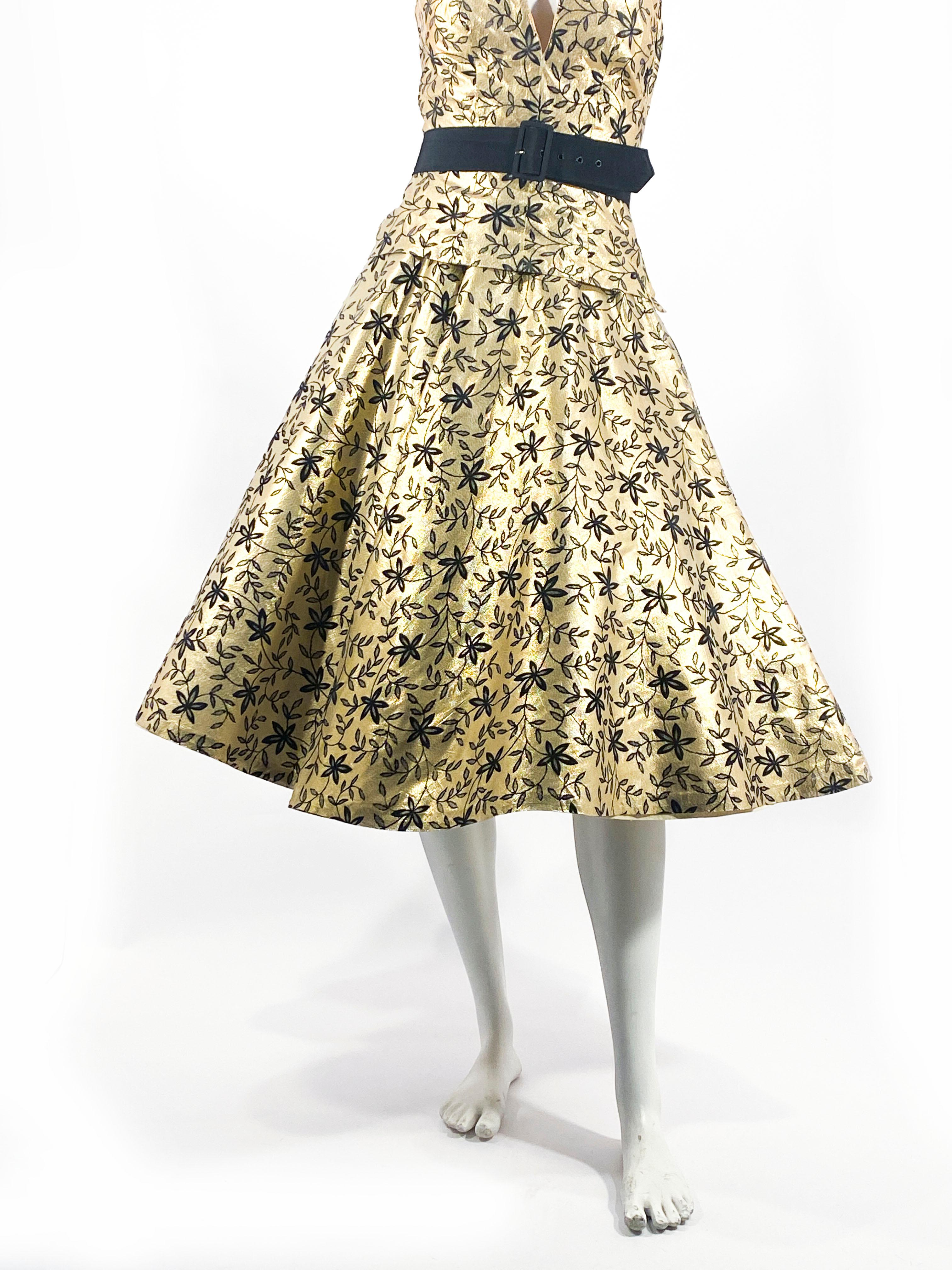 Beige 1950s Gold Lamé and Black Two-Piece Cocktail Dress For Sale