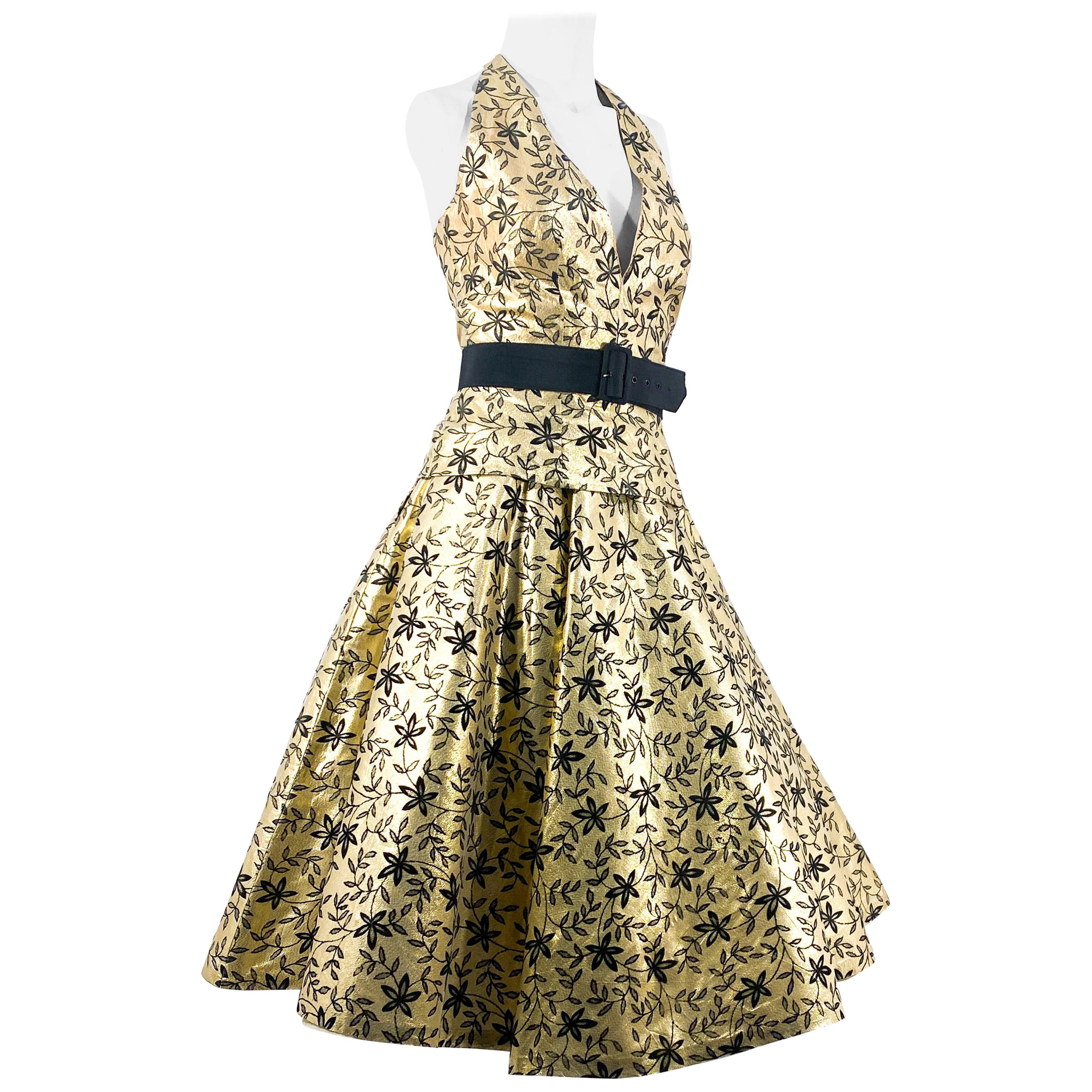 1950s Gold Lamé and Black Two-Piece Cocktail Dress For Sale