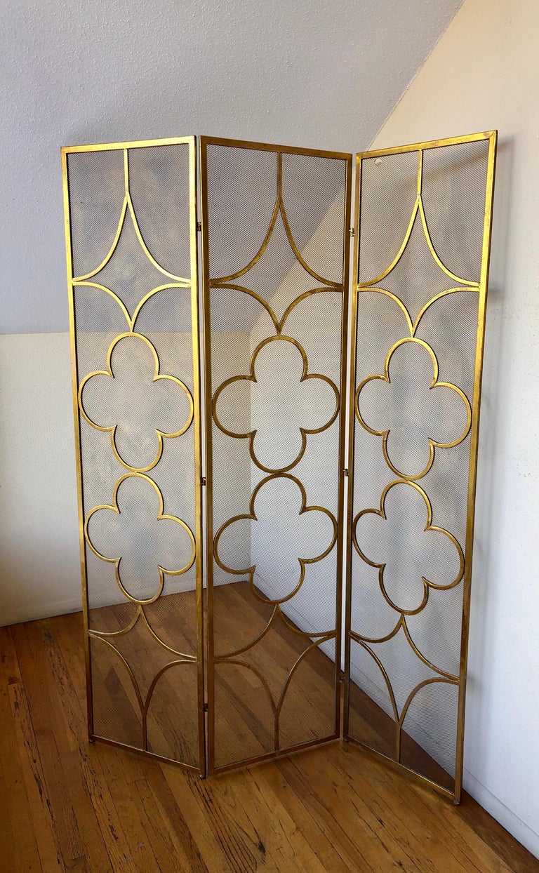 1950s Gold Leaf Finish Room Divider 3Panel Metal Folding Screen For