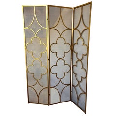 1950s Gold Leaf Finish Room Divider 3-Panel Metal Folding Screen