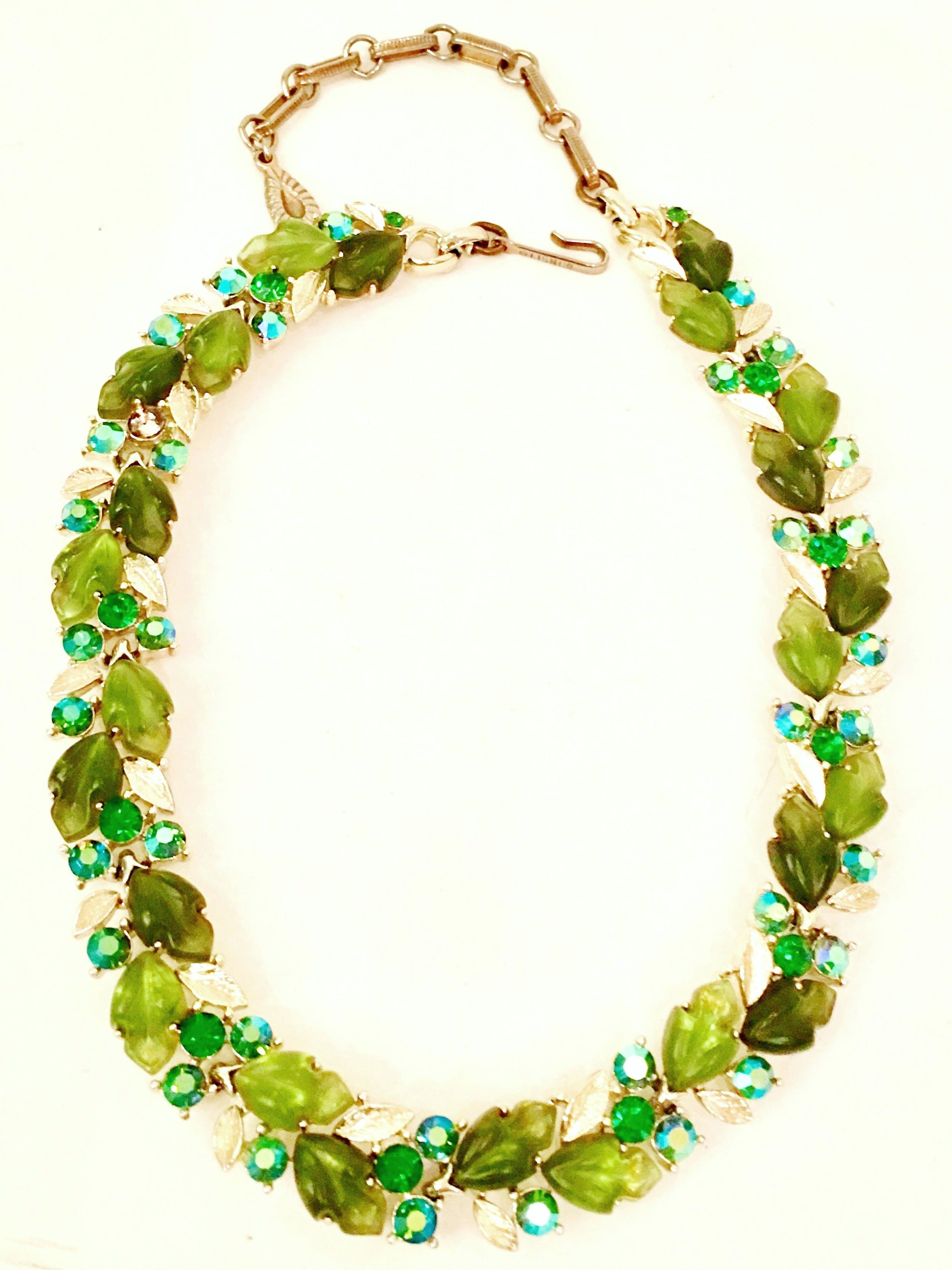 1950'S Gold Lucite & Austrian Crystal Choker Necklace & Earrings S/3 By, Lisner In Good Condition In West Palm Beach, FL