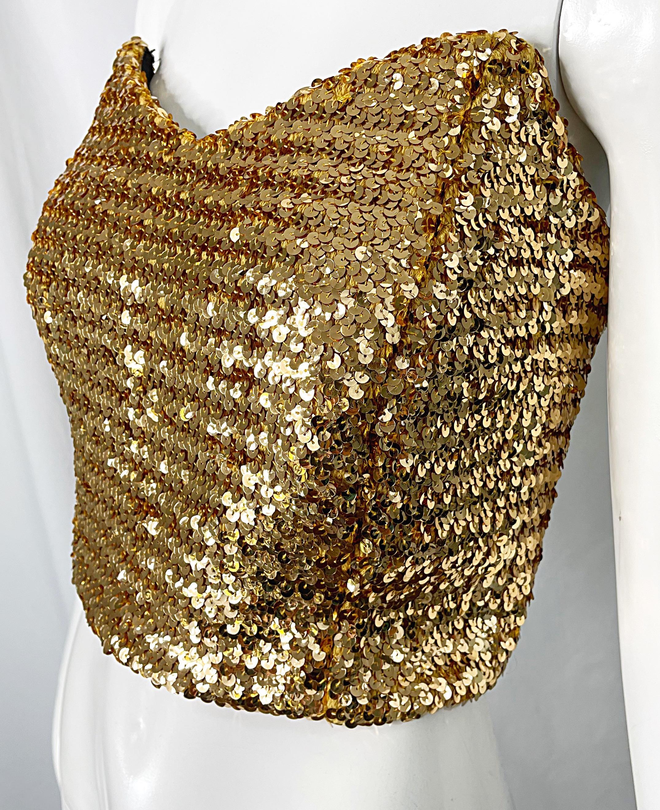 1950s Gold Metallic Fully Sequined Vintage 50s Strapless Bustier Top For Sale 3