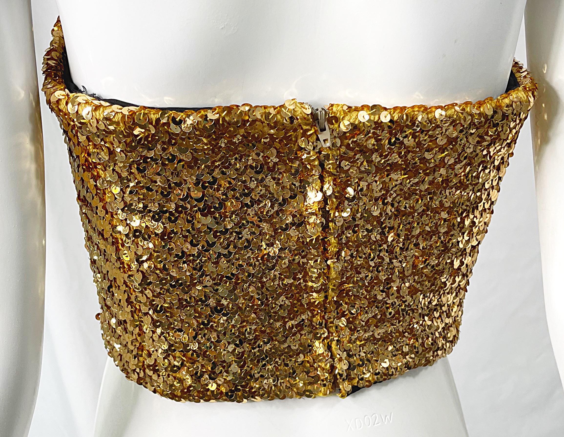 Brown 1950s Gold Metallic Fully Sequined Vintage 50s Strapless Bustier Top For Sale