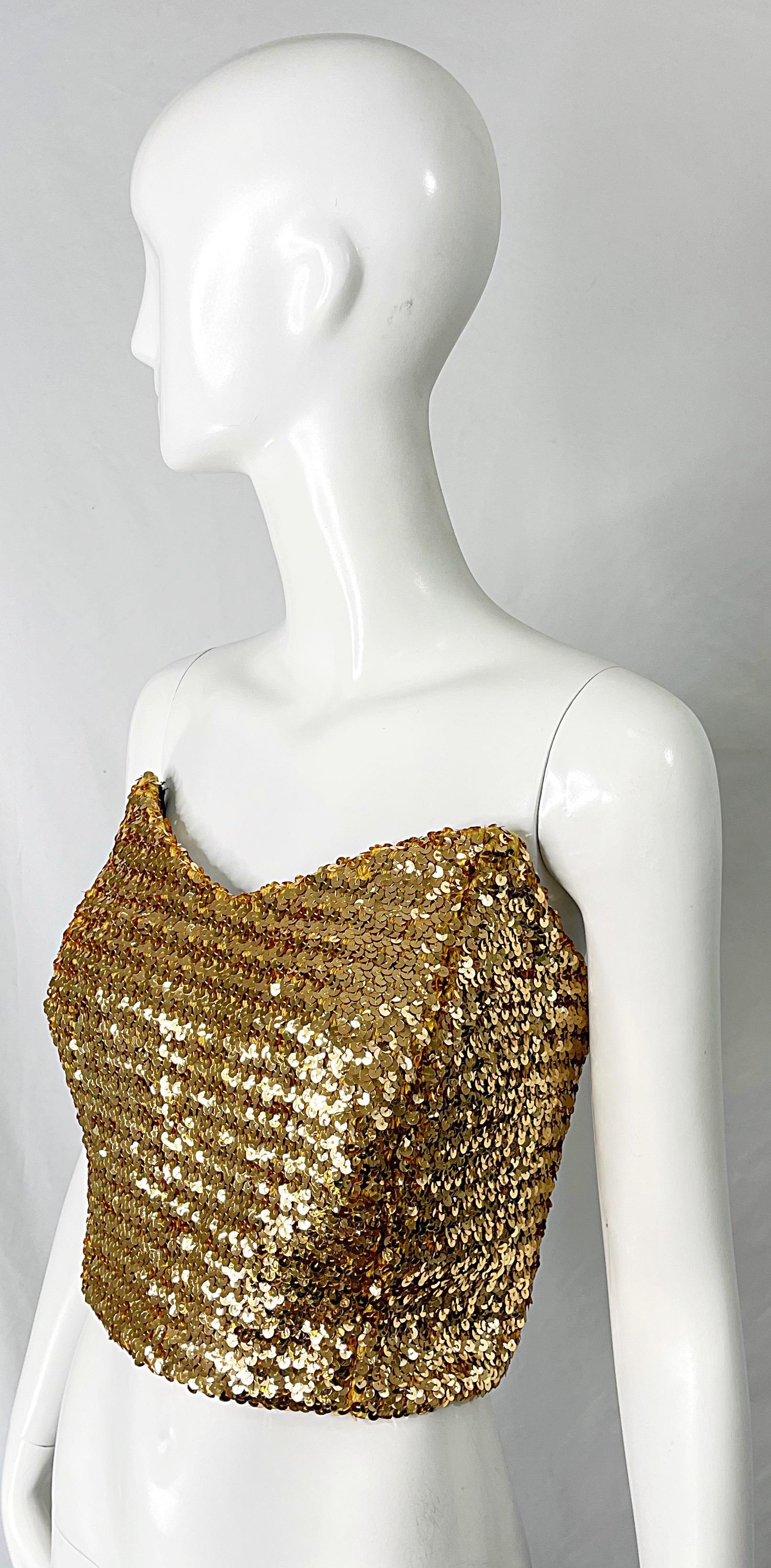 1950s Gold Metallic Fully Sequined Vintage 50s Strapless Bustier Top In Excellent Condition For Sale In San Diego, CA
