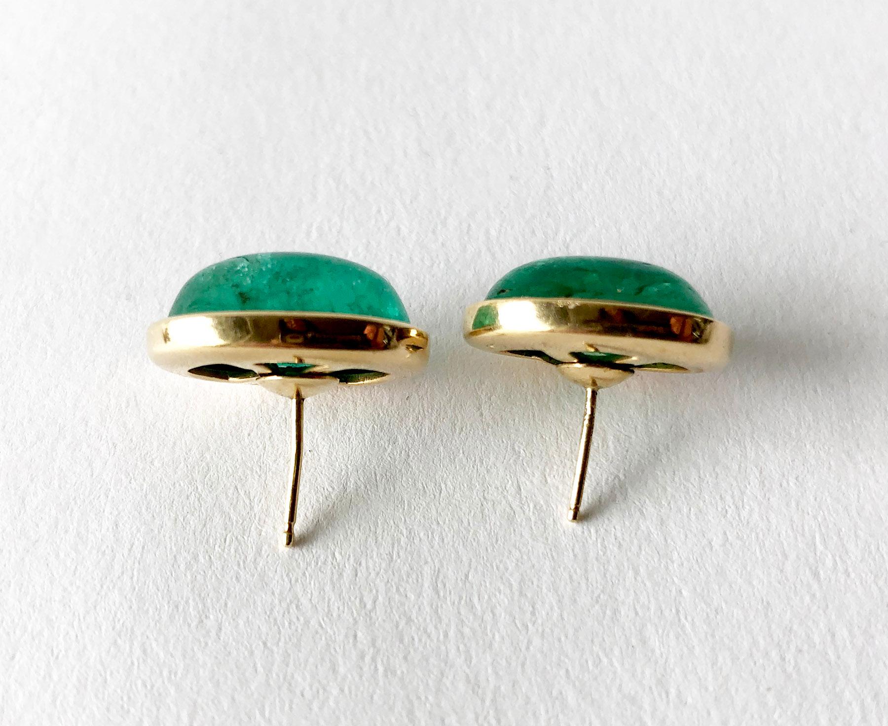 Modernist 1950s Gold Oval Emerald Cabochon Pierced Earrings
