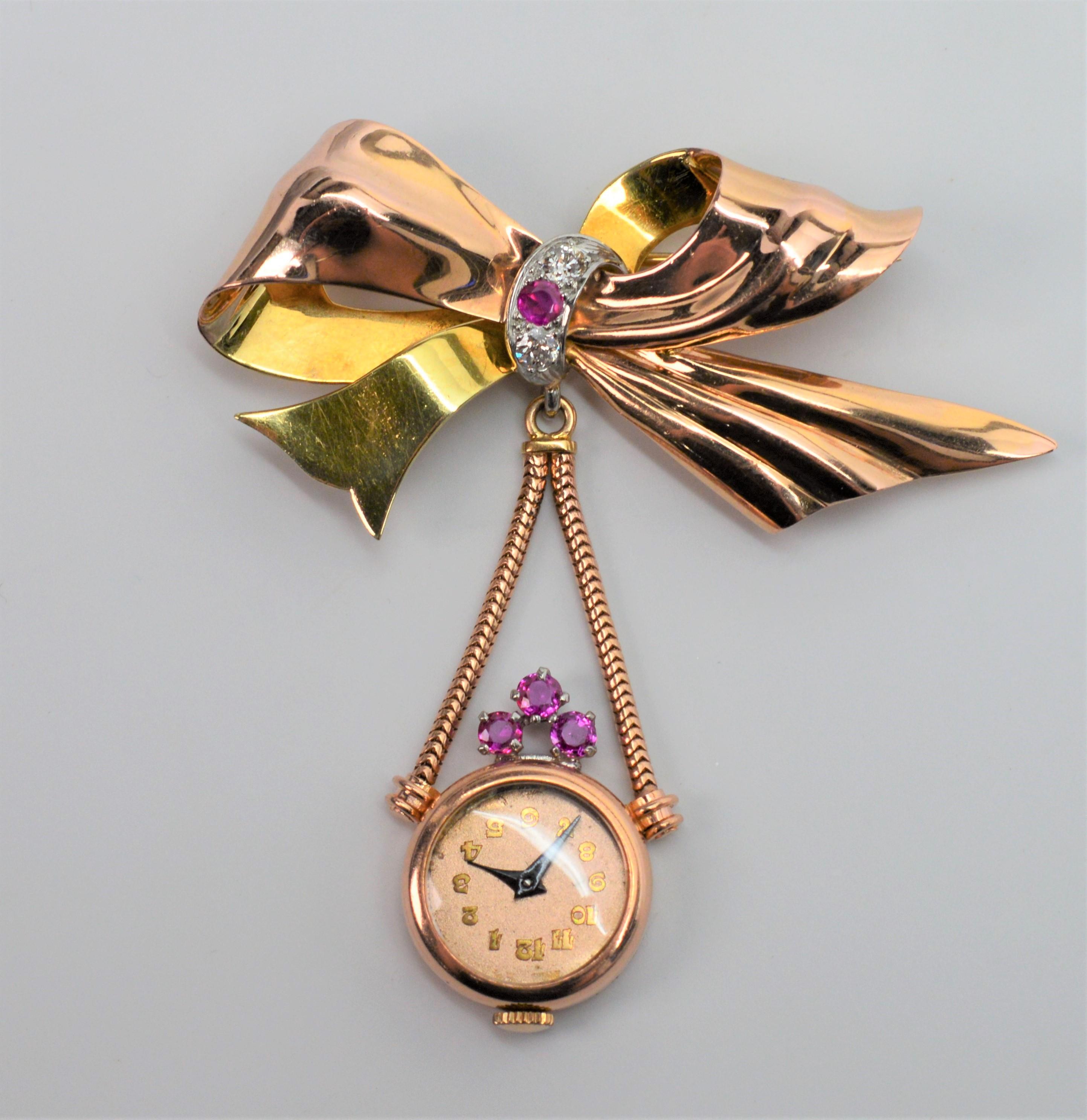 1950s Gold Pendant Watch Brooch with Rubies In Excellent Condition For Sale In Mount Kisco, NY