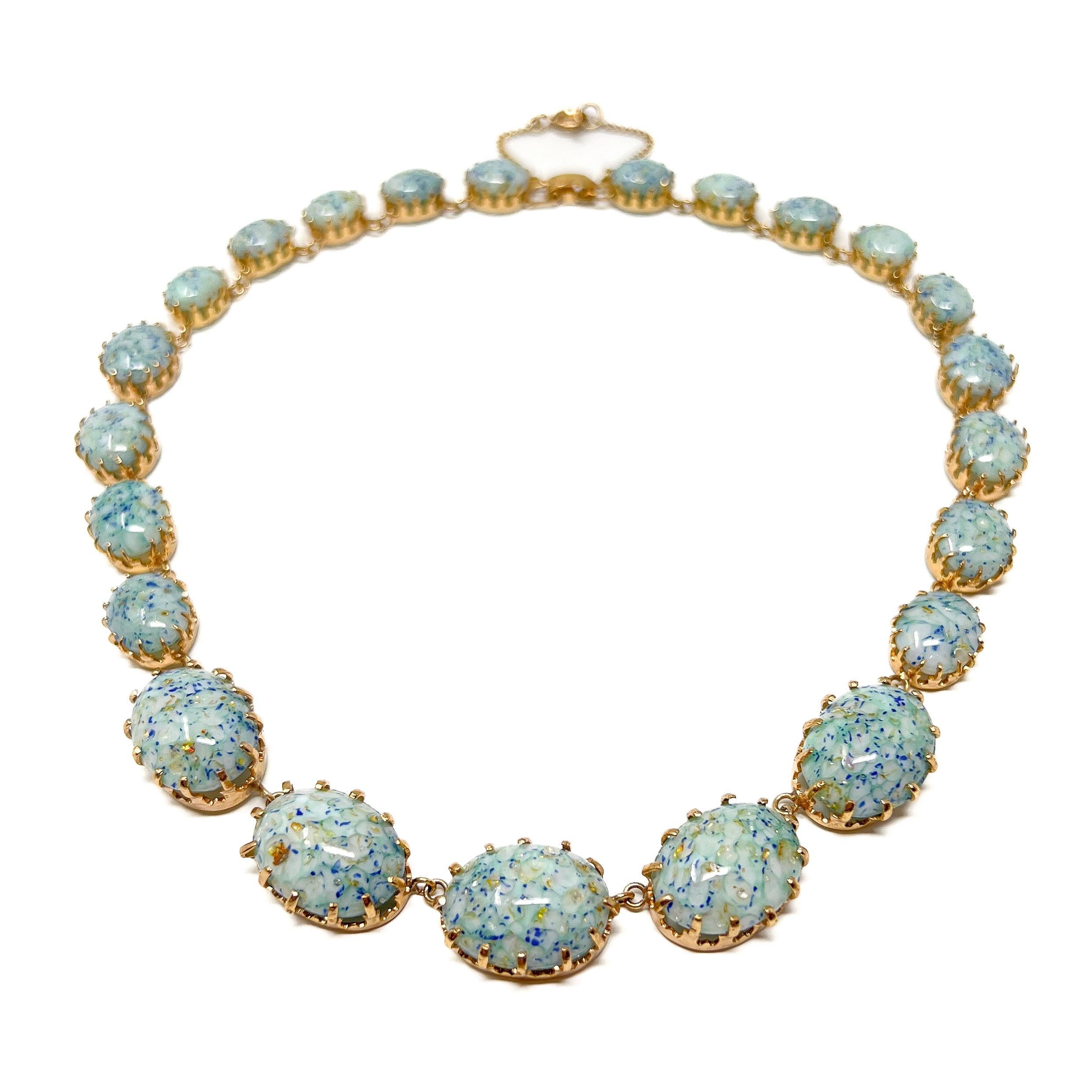 Women's 1950s Gold Plate and Speckled Turquoise Glass Cabochon Vintage Necklace