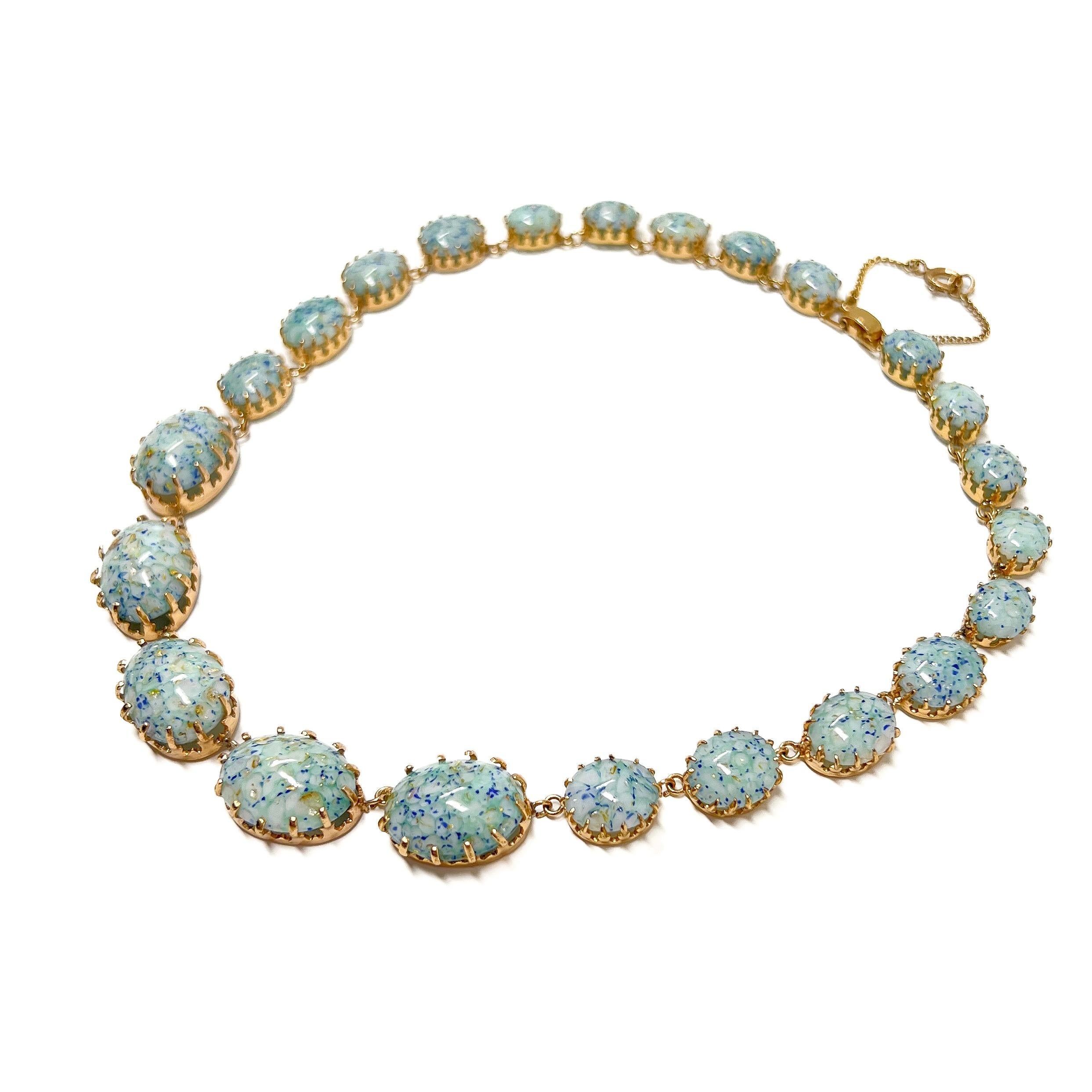 1950s Gold Plate and Speckled Turquoise Glass Cabochon Vintage Necklace 2