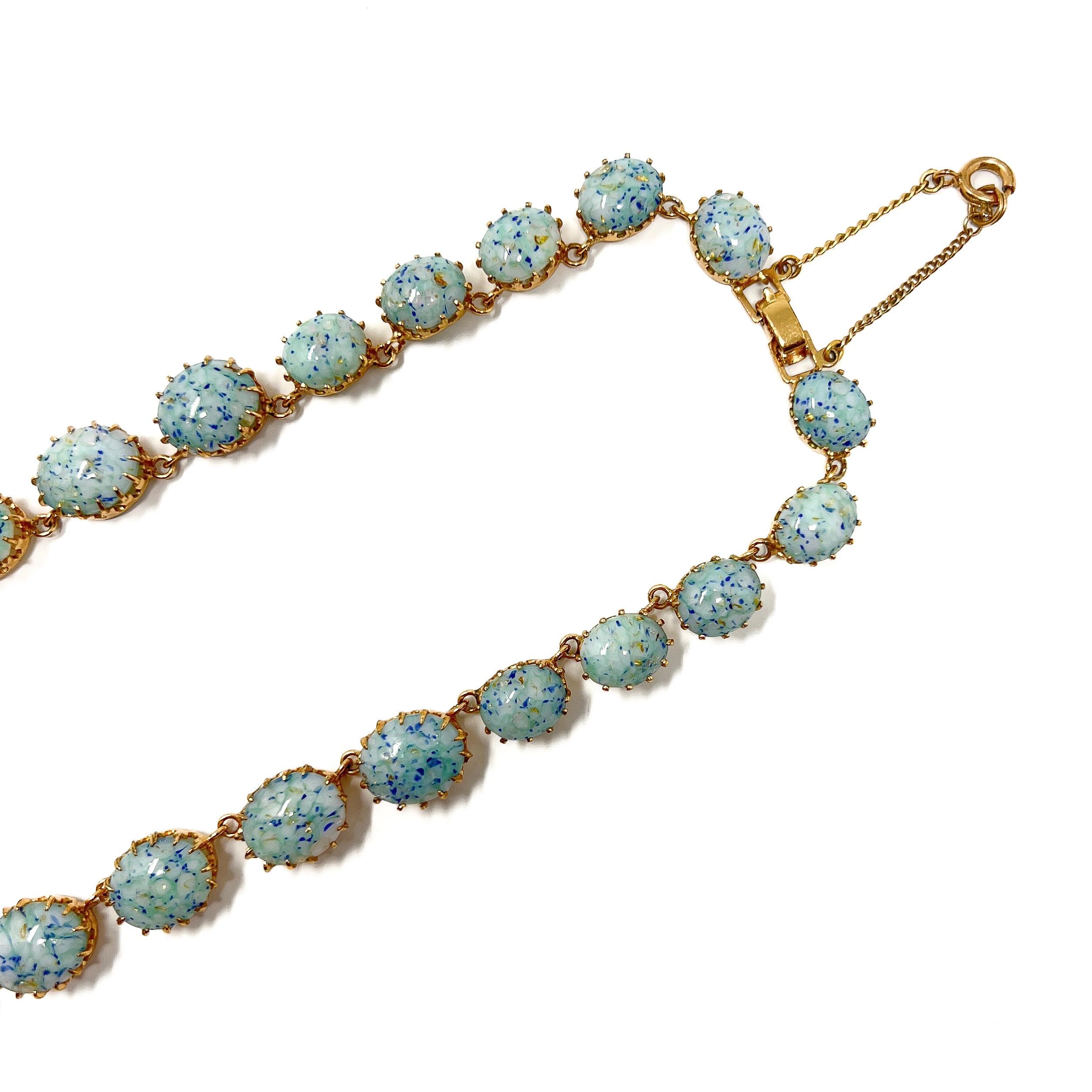1950s Gold Plate and Speckled Turquoise Glass Cabochon Vintage Necklace 4