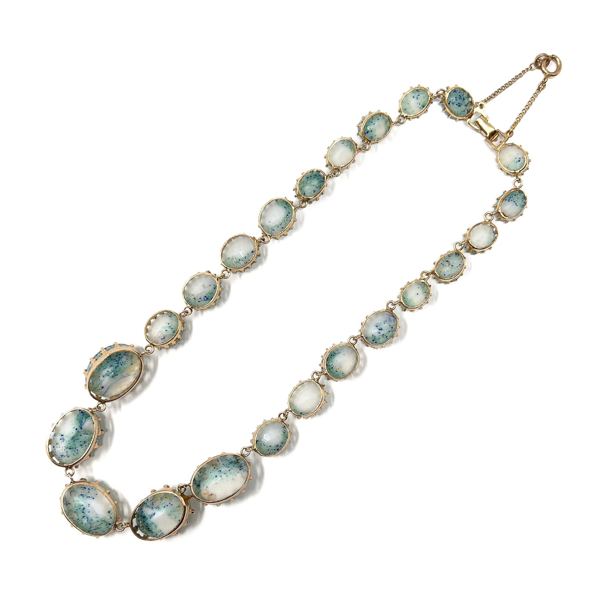 1950s Gold Plate and Speckled Turquoise Glass Cabochon Vintage Necklace 5
