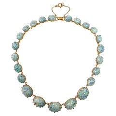 1950s Gold Plate and Speckled Turquoise Glass Cabochon Vintage Necklace
