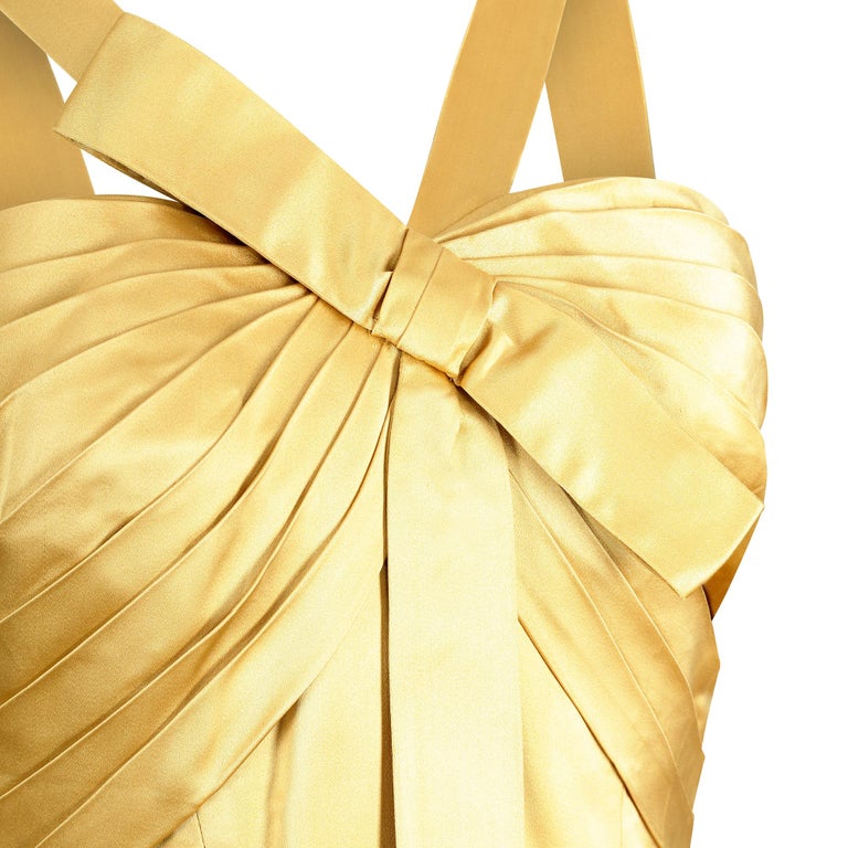 1950s Gold Pleated Bodice Silk Satin Cocktail Dress For Sale at 1stDibs