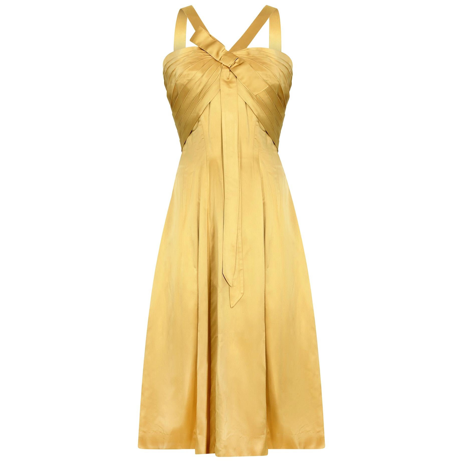 1950s Gold Pleated Bodice Silk Satin Cocktail Dress For Sale