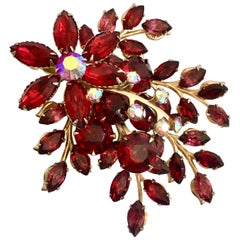 1950'S Gold & Ruby Austrian Crystal Dimensional Abstract Floral Brooch