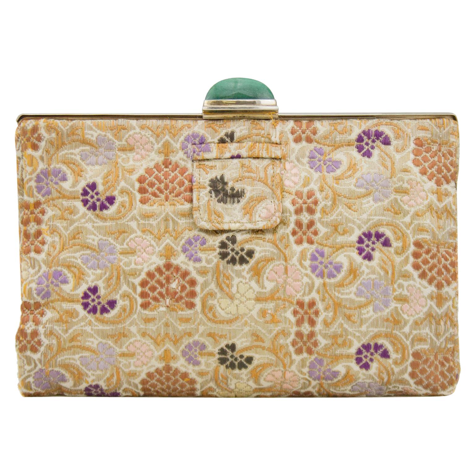 1950s Gold Silk Brocade Evening Clutch with Jadite Clasp