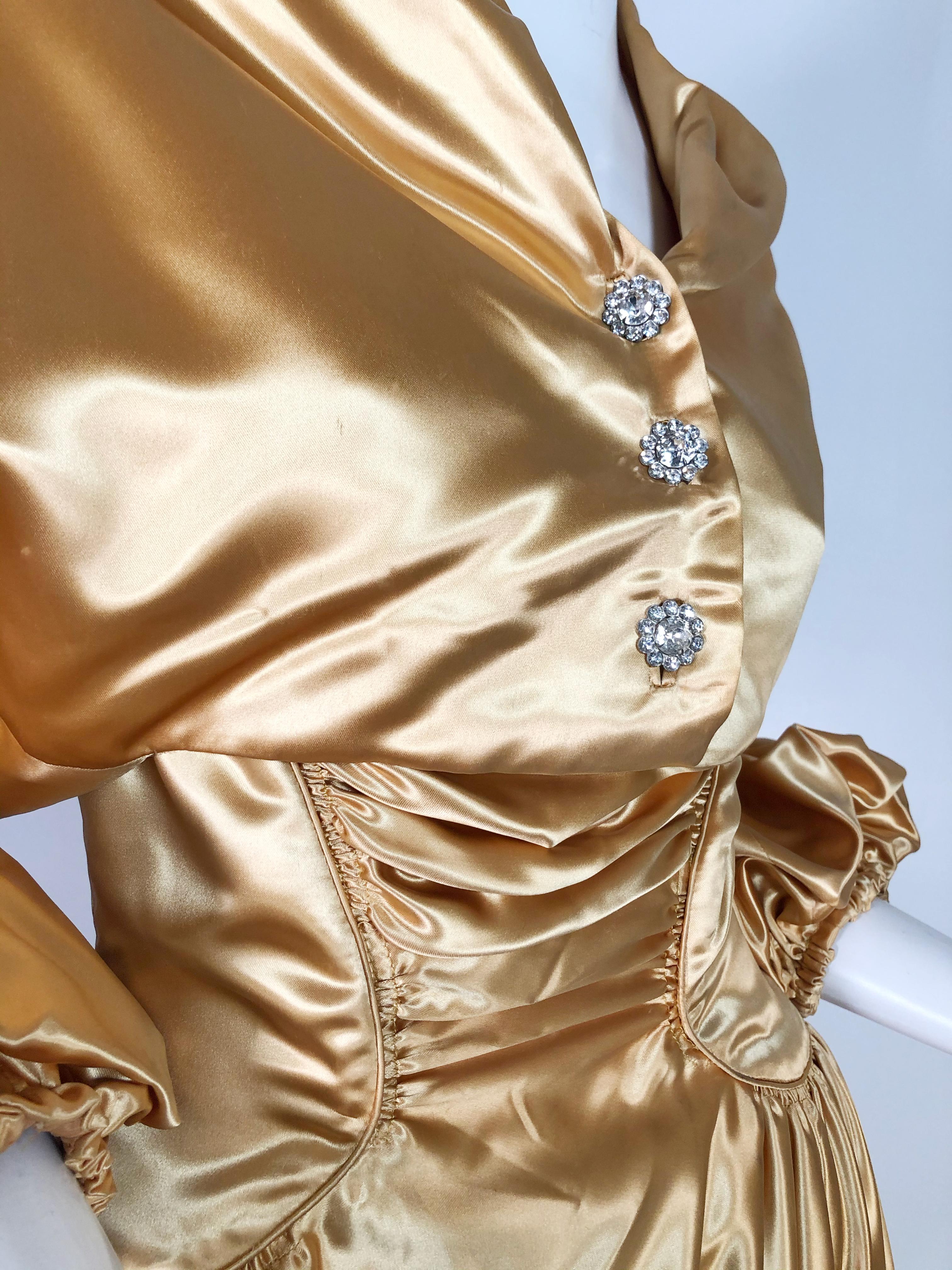 1950s Gold Silk Satin Strapless Dress and Jacket Ensemble 4