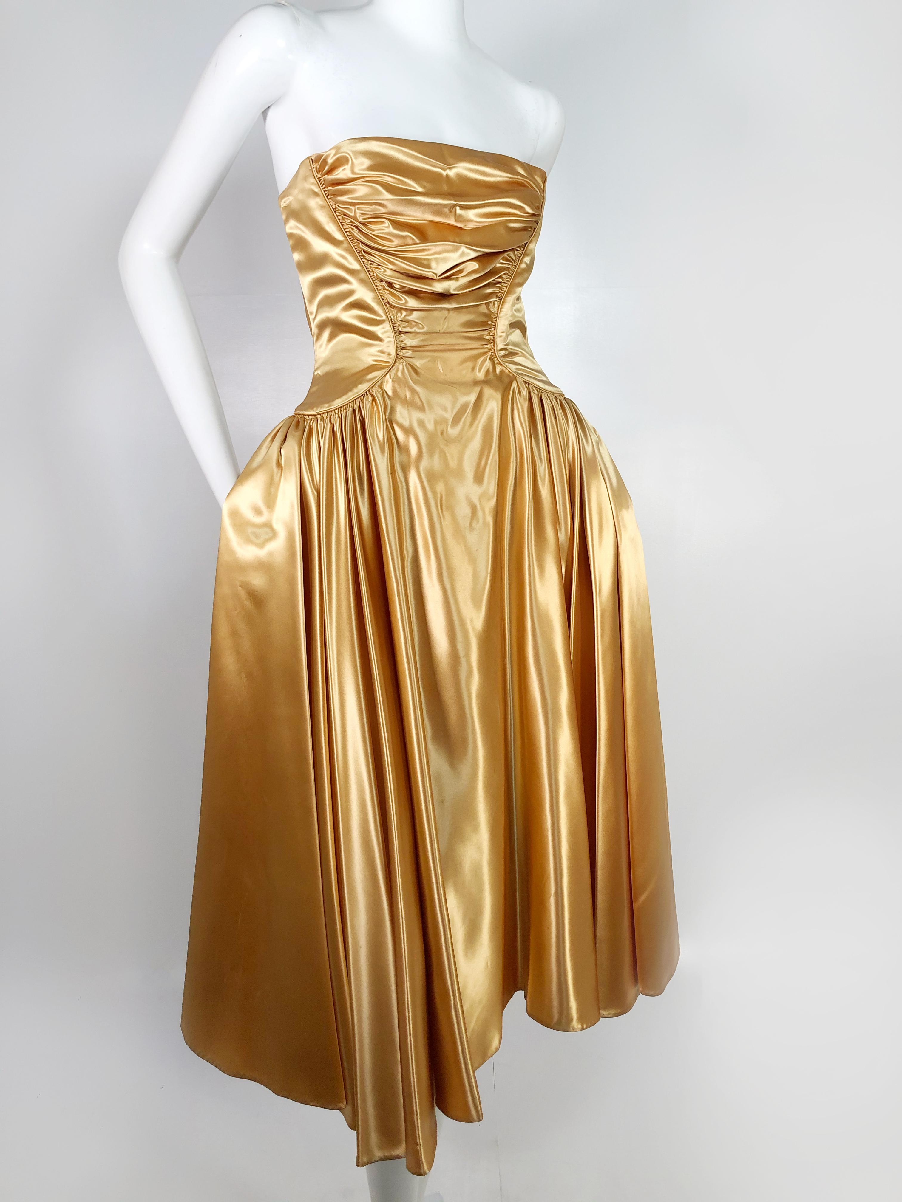 Brown 1950s Gold Silk Satin Strapless Dress and Jacket Ensemble