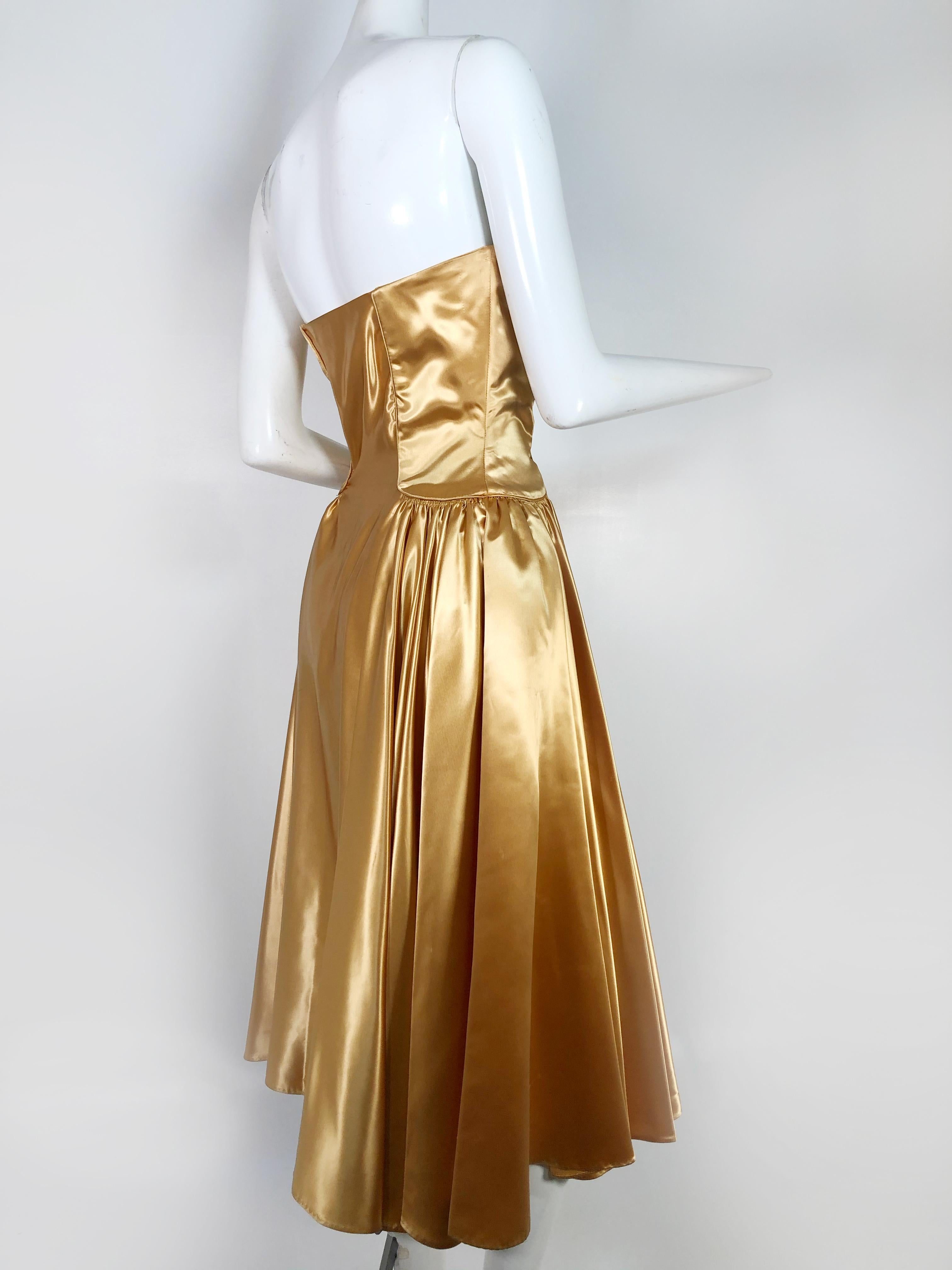 1950s Gold Silk Satin Strapless Dress and Jacket Ensemble In Excellent Condition In Gresham, OR