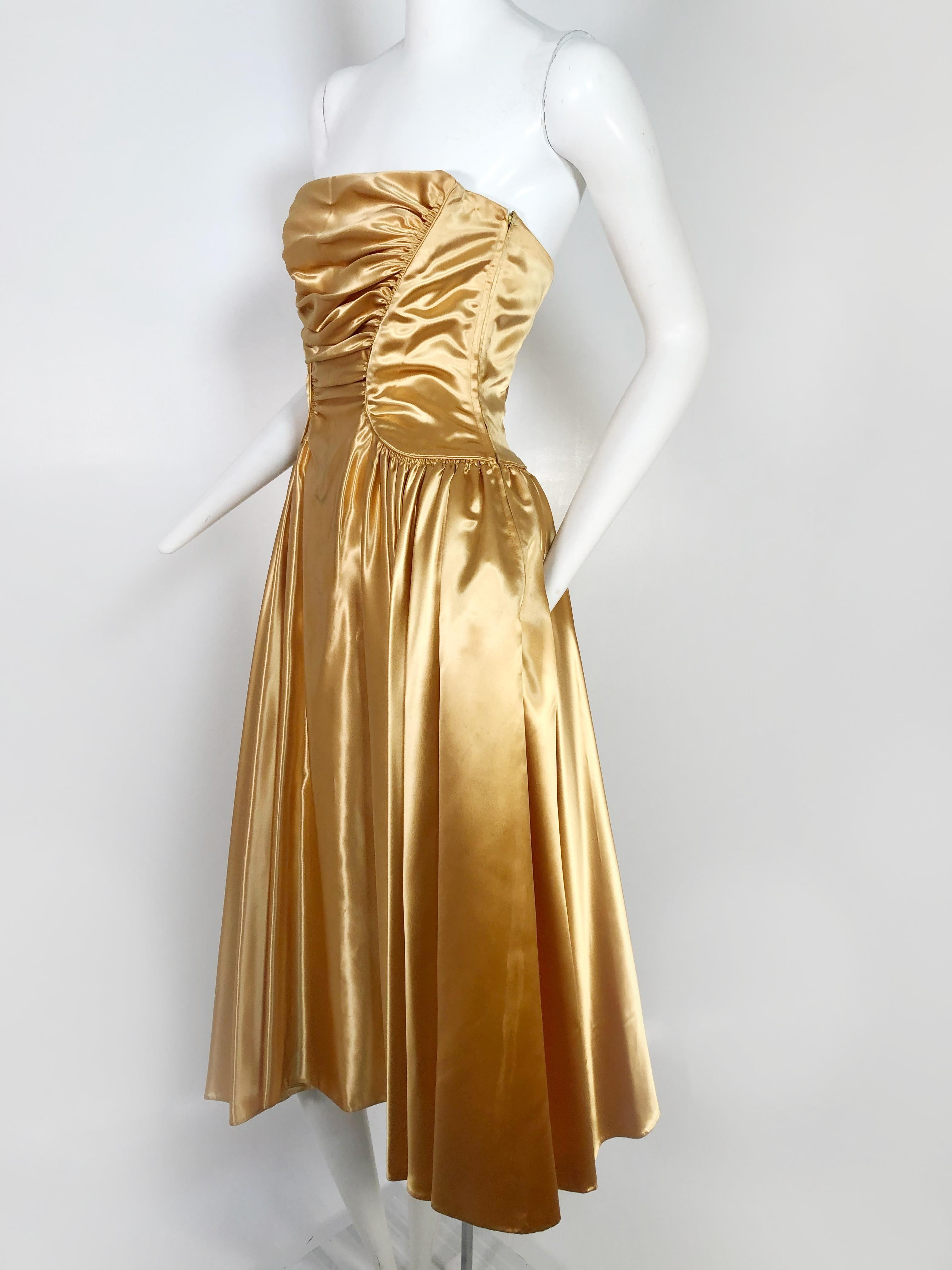 Women's 1950s Gold Silk Satin Strapless Dress and Jacket Ensemble
