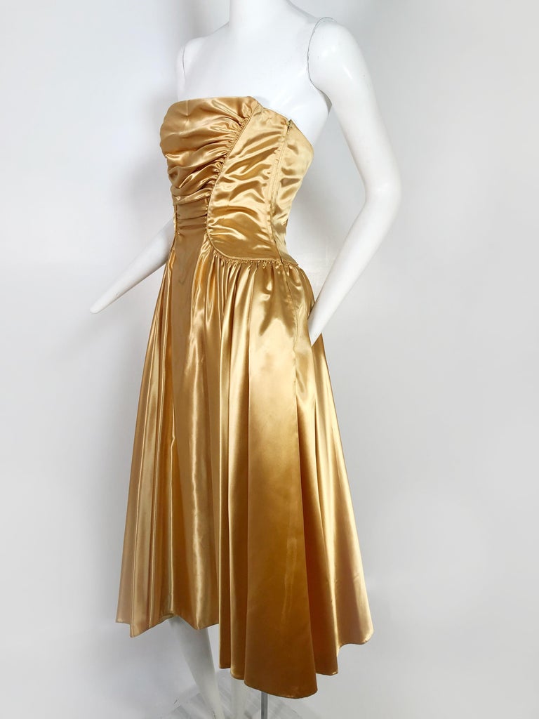 1950s Gold Silk Satin Strapless Dress and Jacket Ensemble For Sale at 1stDibs gold dress