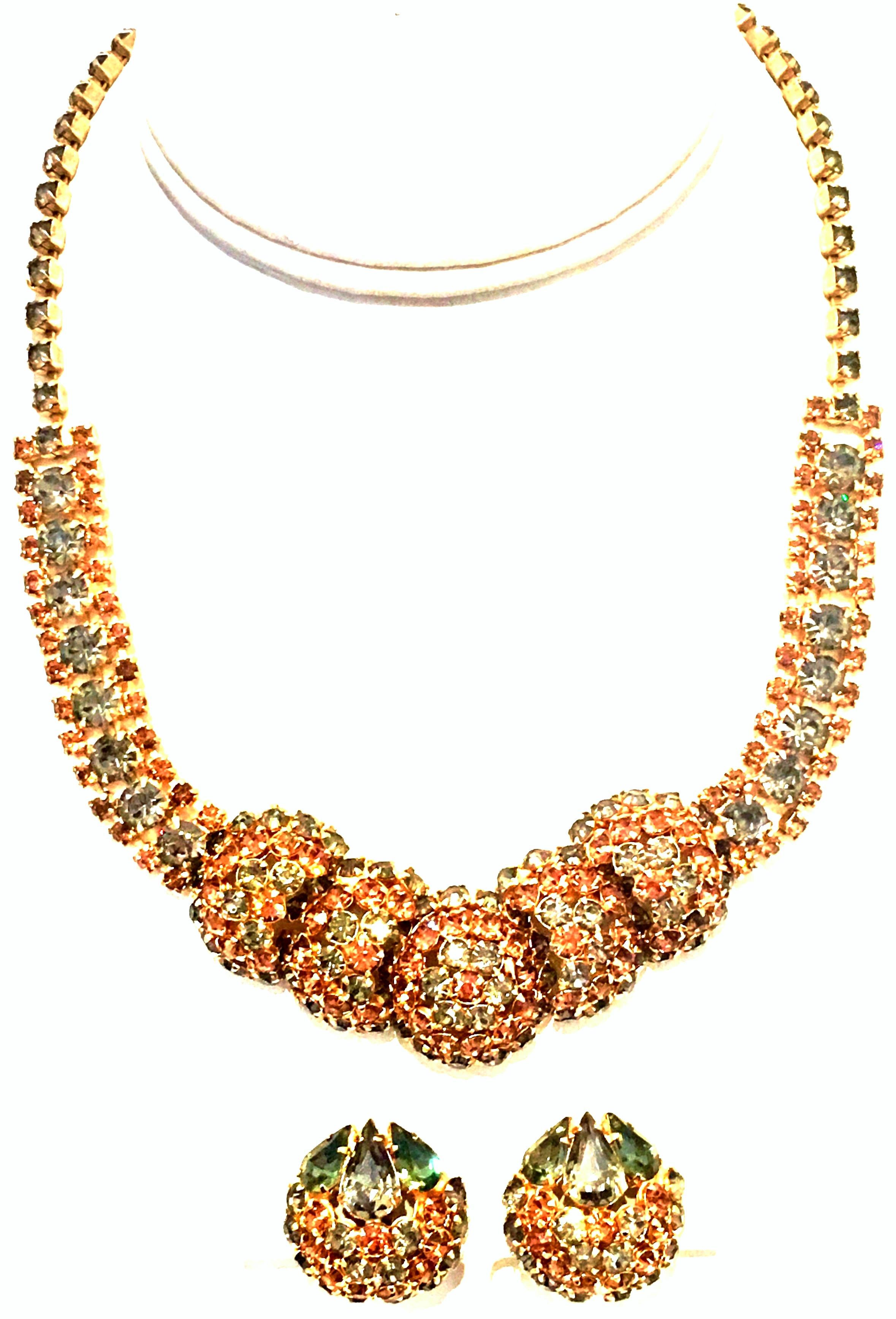 1950'S Gold Plate & Swarovski Crystal Dimensional Choker Style Necklace and clip earrings by,
Joseph Warner-Set of Three Pieces. This rare and coveted three piece 