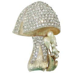 1950's Gold Tone Mushroom Brooch With Rhinestones