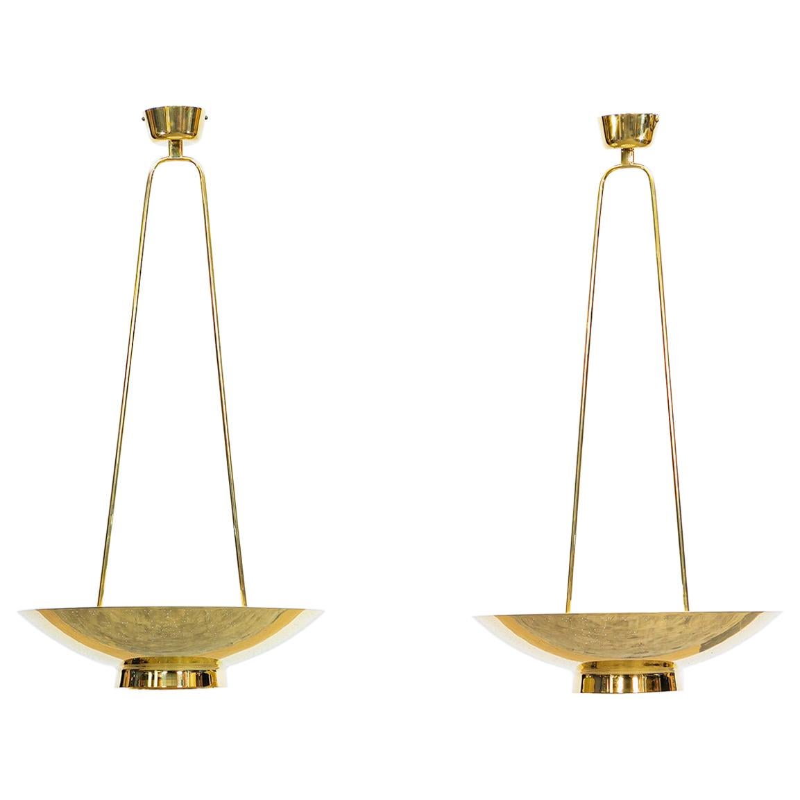 1950s Golden Brass Incredible Pair of Pendant Lamps by Paavo Tynell For Sale