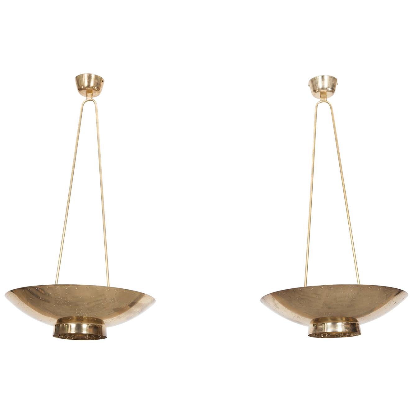 1950s Golden Brass Rare Pair of Pendant Lamps by Paavo Tynell 