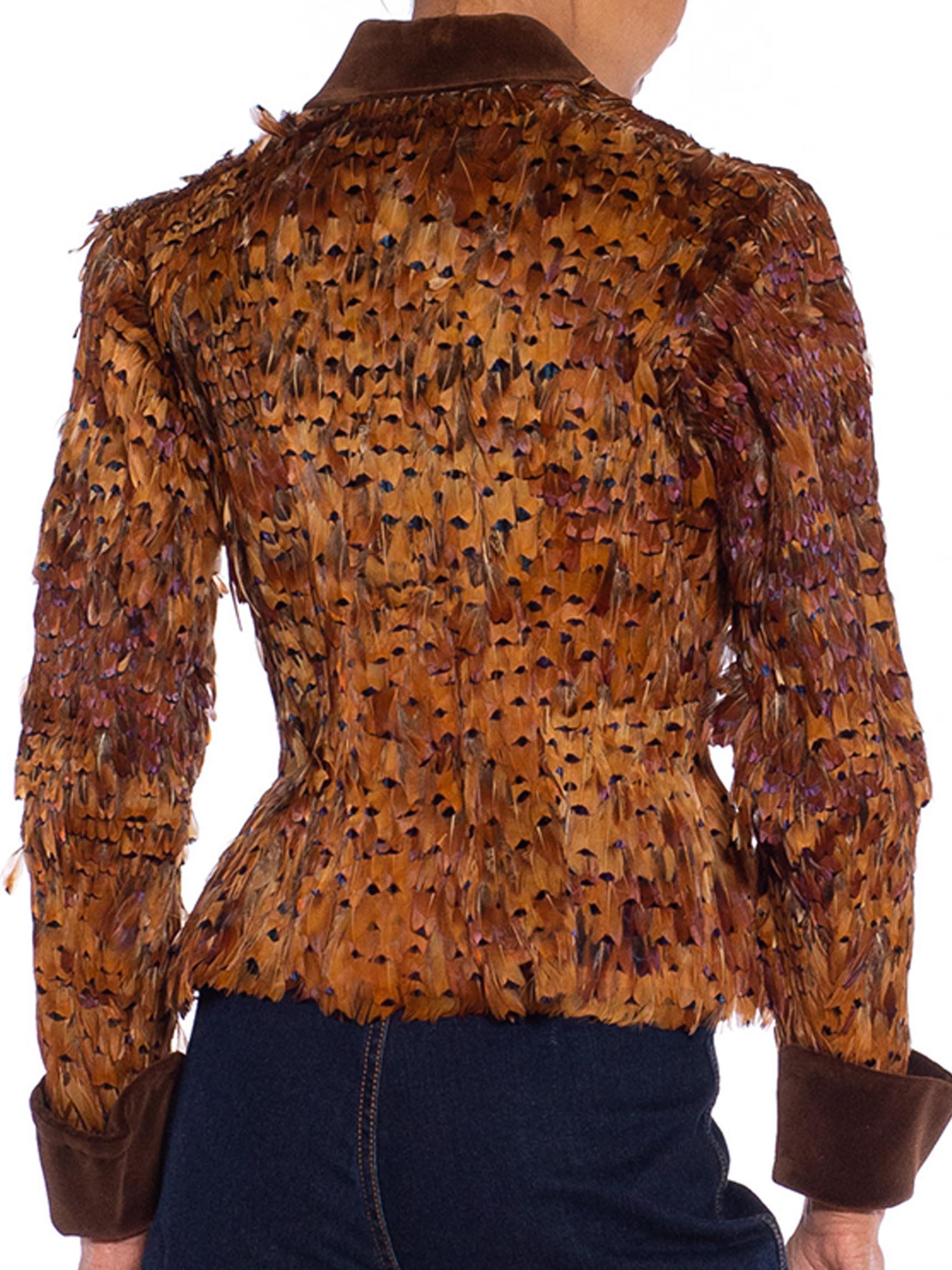 1950S Golden Brown Silk Net & Taffeta Featherd Jacket With Velvet For Sale 6