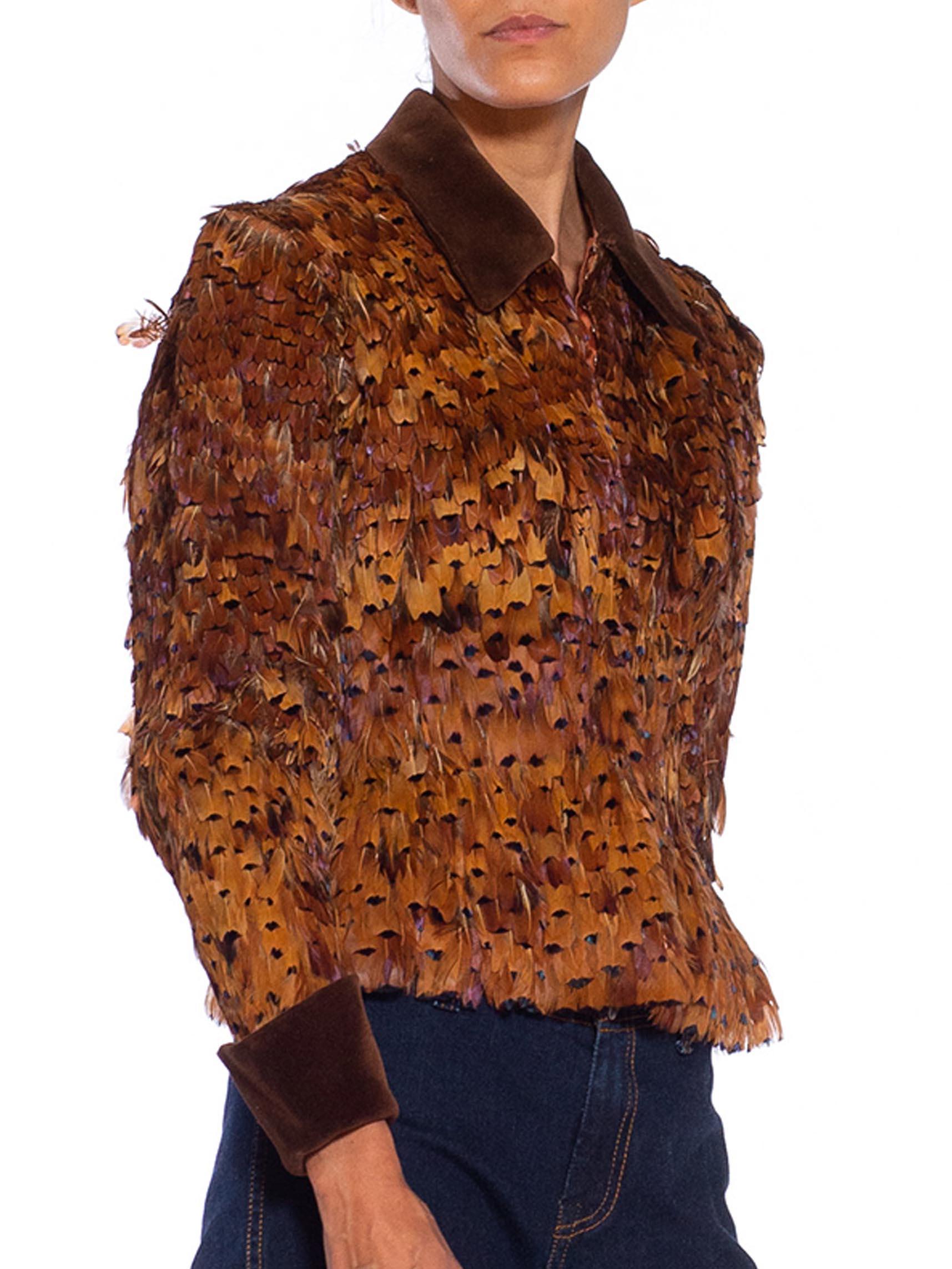 Women's 1950S Golden Brown Silk Net & Taffeta Featherd Jacket With Velvet For Sale